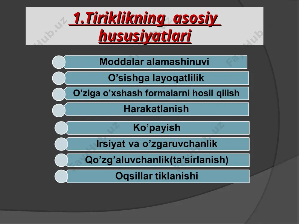tservat lar (protabiont) atf va fermentlarga ega bo’lgan protabiontlar matritsali sintezga ega bo’lgan protabiont dastlabki tirik organizmlar 4.yerda hayot rivojlanishining asosiy bosqichlari kimyoviy evolutsiyaning biologik evolutsiyaga o’tishini ifodalovchi sxema kimyoviy evolutsiya 5 milliard yil oldin dastlabki gazlar nh3 h2o ch4 h2 quyi molekulali organik birikmalar bio- poli- merlar prota- biontlar 4 milliard yil oldin biologik evolutsiya 3.5 milliard yil oldin birinchi hujayralar bakteriyalar o'simliklar hayvonlar hozirgi davr eralar arxey proterozoy kaynazoy mezozoy paleozoy paleozoy mezozoy hozirgi kunda yerda hayot paydo bo’lishi mumkinmi? tirik organizmlarning sodda organik birikmalardan kelib chiqish jarayoni uzoq davom etgan jarayon hisoblanadi. yerda hayot paydo bo’lishi uchun bir necha mln yillar kerak bo’lgan. bu vaqt mobaynida probiontlar chidamlilikga, o’ziga o’xshash formalarni sintez qilish qobiliyatiga, kimyoviy jarayonlarni boshqaruvchi fermentlarning hosil qilinishiga tanlanish orqali erishgan. hozirgi kunda kuchli vulqon otilib chiqqan hududida birmuncha murakkab organik birikmalar vujudga kelishi mumkin, ammo ularning yashash ehtimolligi juda kam. bular shu vaqtning o’zidayoq …