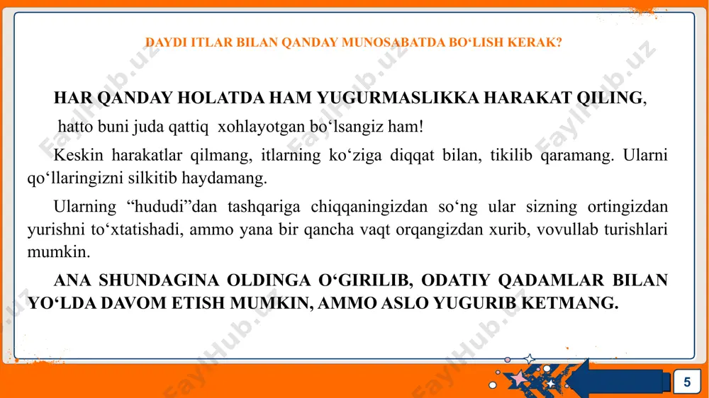 ___________________________ 2-qoida: __________________________ _________________________________ 3-qoida: __________________________ _________________________________ 4-qoida: __________________ _________________________________ иван воронков 7-topshiriq 13 7. matn mazmuniga asoslangan holda quyidagi rasmlarning qaysilarida ayni damda yaqinlashish mumkin bo‘lmagan itning holati ifodalanganligini aniqlang. barcha to‘g‘ri javoblarni belgilang. a b d e иван воронков 8-topshiriq 14 иван воронков 9-topshiriq 15 9. qo‘shni it bolaladi, siz kuchukchalardan birini ko‘rishni juda xohlaysiz. bunday vaziyatda nima qilish kerak? matndan olgan ma’lumotlaringiz yordamida bunday paytda odam o‘zini qanday tutishi kerakligi haqidagi qoidalarni yozing. _______________________________________________________________________________________________________________________________________________________________________________________________________________________________________________________________________ иван воронков e‘tiboringiz uchun rahmat! 16 иван воронков image8.gif audio1.wav image1.gif image2.png image3.png image4.png image5.png image6.png image7.png image9.jpeg image10.png image11.jpeg image12.png image13.png image14.png image15.png image16.png image17.emf image18.png image19.png image20.png 8. agar siz avtobus bekatidan uyingizga ketayotgan bo‘lsangiz-u, ikki daydi it jimgina sizning orqangizdan yurishni boshlasa, bunday vaziyatda nima qilish kerak? matndan olgan ma’lumotlaringiz yordamida bunday paytda odam o‘zini qanday tutishi kerakligi haqidagi qoidalarni yozing. ______________________________________________________________ ___________________________________________________________________ ___________________________________________________________________ ____________________________________________________________ _______