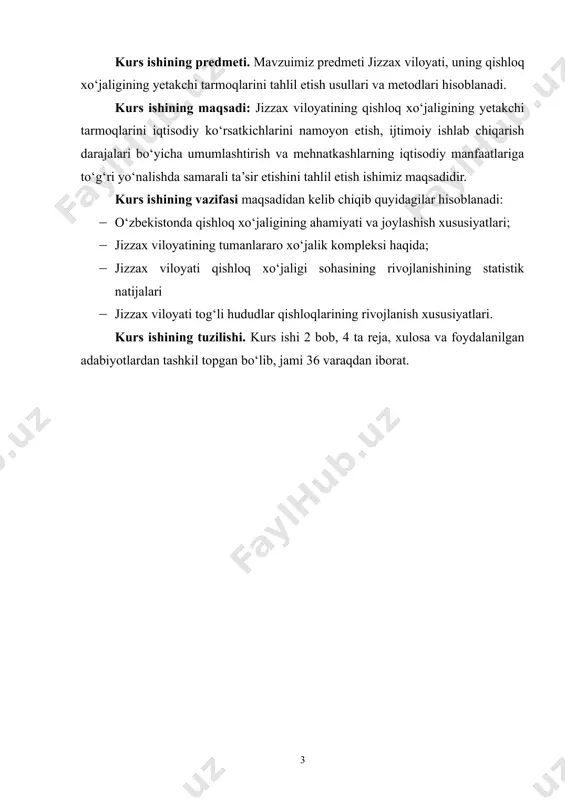 usiyatlari mamlakatimizning iqtisodiy-ijtimoiy hayotida qishloq xo‘jaligi sohasi ham o‘ziga xos o‘rinini egallaydi va ustuvor yo‘nalishlaridan biri hisoblanadi. yer yuzida qishloq xo‘jaligi, hech bo‘lmaganda uning biron-bir sohasi bilan shug‘ullanmaydigan mamlakatni uchratish mushkul bo‘lsa kerak. ma’lumki, qishloq xo‘jaligi aholining turli-tuman noz-ne’matlari, qator sanoat tarmoqlarini esa xom ashyo bilan ta’minlab turadi. qishloq joylarda amalga oshirilayotgan iqtisodiy islohotlar natijasiga suyanish zamonaviy agrotexnikadan keng foydalanish, seleksiya va urug‘chilik va dehqonchilik madaniyatida jahondagi ilg‘or tajribalaridan oqilona foydalanish tufayli qishloq xo‘jaligining aksariyat tarmoqlarida yutuqlar qo‘lga kiritilmoqda. qishloq xo‘jaligi sohasida ishlab chiqarish darajasini yuksaltirish iqtisodiy islohotlar amalga oshirilayotgan bir paytda mustaqil o‘zbekiston oldida turgan qator muhim vazifalarni hal etishga imkon yaratdi. qishloq xo‘jaligi sohasida iqtisodiy islohotlarni amalga oshirish darajasiga qarab mustaqil respublikamizning kelajagi qanday bo‘lishi aniqlanadi. shunga ko‘ra mamlakatimiz iqtisodiy taraqqiyotida moddiy ishlab chiqarish sohasining yirik mexanizatsiyalashgan tarmog‘i bo‘lib hisoblangan qishloq xo‘jaligiga e’tibor kuchayib bormoqda. qulay tabiiy sharoit, mehnatsevar xalqimizning malakasi qishloq xo‘jaligi oldida turgan ulkan vazifalarni muvaffaqiyatli …