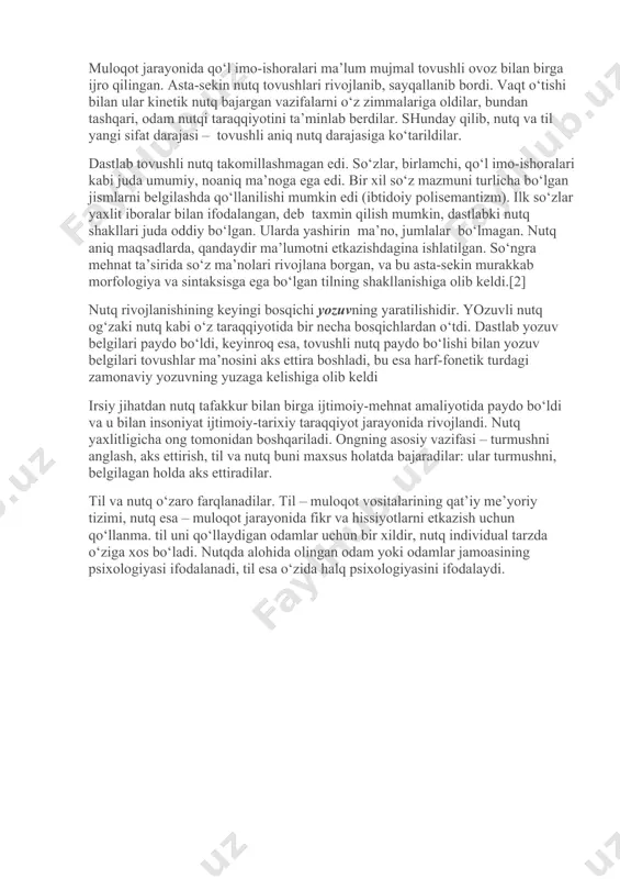 ablashishi sabab bo‘ldi. natijada maxsus qo‘l bola til va qo‘l (kinetik) nutqi paydo bo‘ldi. shunday qilib, odam qo‘li mehnat va muloqotning asosiy vositasi bo‘lib qoldi. tovushli nutqqa o‘tish, taxminan, 100 ming yillar avval boshlangan bo‘lishi mumkin. bu ishlab chiqarishning rivojlanishi va mehnatning birlamchi bo‘linishi bilan bog‘liq bo‘lgan. qo‘l nutqi bajara olmaydigan jism va hodisalar alohida tushunchalar tizimida aniqroq belgilanadigan, nutqqa bo‘lgan talab paydo bo‘ldi. muloqot jarayonida qo‘l imo-ishoralari ma’lum mujmal tovushli ovoz bilan birga ijro qilingan. asta-sekin nutq tovushlari rivojlanib, sayqallanib bordi. vaqt o‘tishi bilan ular kinetik nutq bajargan vazifalarni o‘z zimmalariga oldilar, bundan tashqari, odam nutqi taraqqiyotini ta’minlab berdilar. shunday qilib, nutq va til yangi sifat darajasi – tovushli aniq nutq darajasiga ko‘tarildilar. dastlab tovushli nutq takomillashmagan edi. so‘zlar, birlamchi, qo‘l imo-ishoralari kabi juda umumiy, noaniq ma’noga ega edi. bir xil so‘z mazmuni turlicha bo‘lgan jismlarni belgilashda qo‘llanilishi mumkin edi (ibtidoiy polisemantizm). ilk so‘zlar yaxlit iboralar bilan ifodalangan, deb …