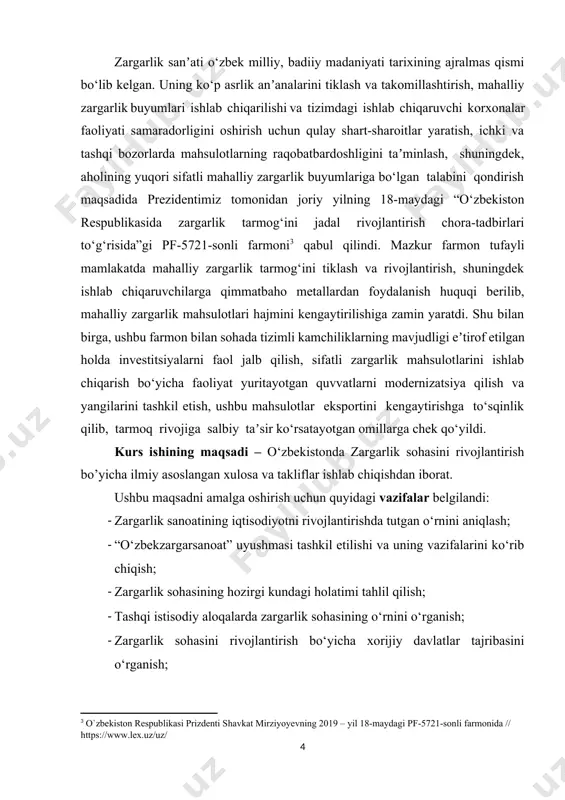 it, olmos, aqiq, zumrad, yoqut), tabiiy toshlar, plastmassa, suyak, emal, shisha va boshqalar ishlatiladi. yaqingacha o‘zbekiston dunyoning eng yirik oltin zaxiralariga ega sanoqli davlatlaridan biri sifatida e’tirof etilgan bo‘lsa, bugun jahon bozorining qimmatbaho stendlarida milliy zargarlik brendlarimiz munosib joy egallab bormoqda. soha rivojiga davlatimiz tomonidan qaratilayotgan e’tibor natijasini iqtisodiy o‘sish ko‘rsatkichlari ham tasdiqlaydi. xususan 2020 yilda ayni yo‘nalishdagi ishlab chiqaruvchilar 124 tani tashkil etgan bo‘lsa, hozirda ularning soni qariyb 448 taga yetgan. zargarlik mahsulotlarining eksportdagi ulushi 2020 yilda 2.7 mln. aqsh dollarini tashkil etgan bo‘lsa, 2022 yil yakunida bu ko‘rsatkich 36 mln. $ ni qayd etdi. albatta erishilgan natijalar zamirida sohani huquqiy, moliyaviy va tashkiliy qo‘llab-quvvatlash tizimi muhim ahamiyat kasb etadi. 2021 yilning 22 fevralida qabul qilingan qaror zargarlik sanoatini yanada rivojlantirish uchun qulay shart-sharoitlar yaratishga zamin yaratgan bo‘lsa, 2022 yilning dekabrida mazkur sohadagi ishlab chiqarish quvvatlarini kengaytirish va mahalliy zargarlarni har tomonlama qo‘llab-quvvatlashning yana bir huquqiy asosi qabul qilindi. …