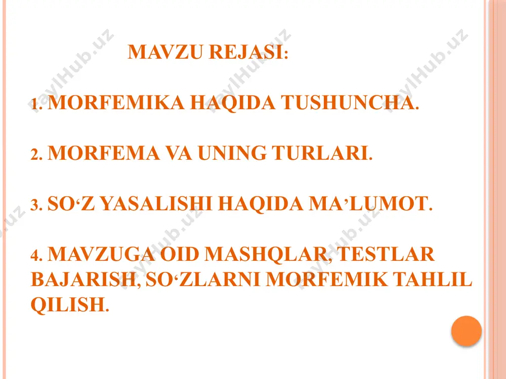ajon, kulib, yozdi, borgan, uchala; b) sintaktik shakl yasovchi qo‘shimchalar so‘zlarni bir-biriga bog‘laydigan qo‘shimchalardir. bularga kelishik (xatni yozdi, uydan keldi), egalik (akamning kitobi, kollejimiz qizlari), shaxs-son (men keldim, sen yozding) qo‘shimchalari kiradi. bu qo‘shimchalar sintaktik munosabat shakllari ham deyiladi. o‘zbek tilida qo‘shimchalarning asosga qo‘shilish tartibi quyidagicha: asos+so‘z yasovchi qo‘shimcha+lug‘aviy shakl yasovchi qo‘shimcha+sintaktik shakl yasovchi qo‘shimcha. qo‘shimchalar tuzilishiga ko‘ra ikki xil bo‘ladi: sodda qo‘shimchalar boshqa qo‘shimchalarga ajralmaydi: yash+a, suv + sira. murakkab qo‘shimchalar kamida ikkita qo‘shimchaning qo‘shilishidan hosil bo‘ladi: nam+-garchilik, yordam+lash, xom+ligicha, ota+larcha, tep+kila. bunday qo‘shimchalar ma’lum bir so‘z tarkibidagina ajralmas holatga kelib qolgan, boshqa o‘rinlarda ular tarkiban ajratilishi mumkin: odamgarchilik so‘zi tarkibidagi –garchilik murakkab qo‘shimcha. ammo zargar, suvchi, yaxshilik so‘zlarida uchta mustaqil sodda qo‘shimchadir. so`z yasovchi qo‘shimchalar: - chi: gulchi, suvchi -dosh: sirdosh, sinfdosh -kor(-kar,-gar,gor): paxtakor,zargar, miskar, talabgor -kash: tuyakash, aravakash -choq,-chak,-chiq: maqtanchoq, kuyunchak, qizg‘anchiq; -gir,-g‘ir,-kir, -qir,-qur: sezgir, topqir, o‘tkir, olg‘ir,uchqur; -k (-ik,-uk,-ak): chirik, teshik, tuzuk, g‘alvirak; -q(-uq,-iq): iliq, siniq, …