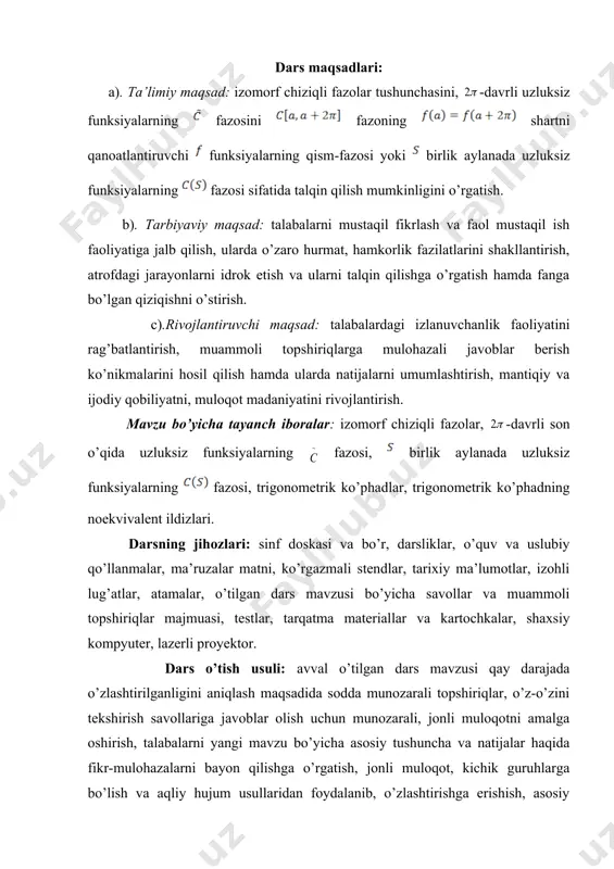 estlar, tarqatma materiallar va kartochkalar, shaxsiy kompyuter, lazerli proyektor. dars o’tish usuli: avval o’tilgan dars mavzusi qay darajada o’zlashtirilganligini aniqlash maqsadida sodda munozarali topshiriqlar, o’z-o’zini tekshirish savollariga javoblar olish uchun munozarali, jonli muloqotni amalga oshirish, talabalarni yangi mavzu bo’yicha asosiy tushuncha va natijalar haqida fikr-mulohazalarni bayon qilishga o’rgatish, jonli muloqot, kichik guruhlarga bo’lish va aqliy hujum usullaridan foydalanib, o’zlashtirishga erishish, asosiy iboralarga alohida izoh berish, o’tilgan mavzudan tug’ilgan savollarga javob berish orqali uni mustahkamlash. mashg’ulotning xronologik xaritasi va darsning borishi: tashkiliy qism (5 minut): dars xonasining sanitariya holatini kuzatish, davomat va talabalarning darsga tayyorligini tekshirish. o’tilgan mavzuni mustahkamlash (10 minut): talabalarning chiziqli fazolar, banax fazosi, uning chekli o’lchovli qism-fazosi tushunchalari, fazoning -o’lchovli chebishev qism-fazosi tushunchasi, fazoning elementlari uchun -o’lchovli chebishev qism-fazosidagi eng yaxshi yaqinlashtirish ko`phadining alomati haqidagi chebishev teoremasi, xaar teoremasi, eng yaxshi o’zgarmasni yasash, eng yaxshi chiziqli funksiyani yasash, ikki funksiya eng yaxshi yaqinlashtirish ko`phadlari yig`indisi ular yig`indisining eng …