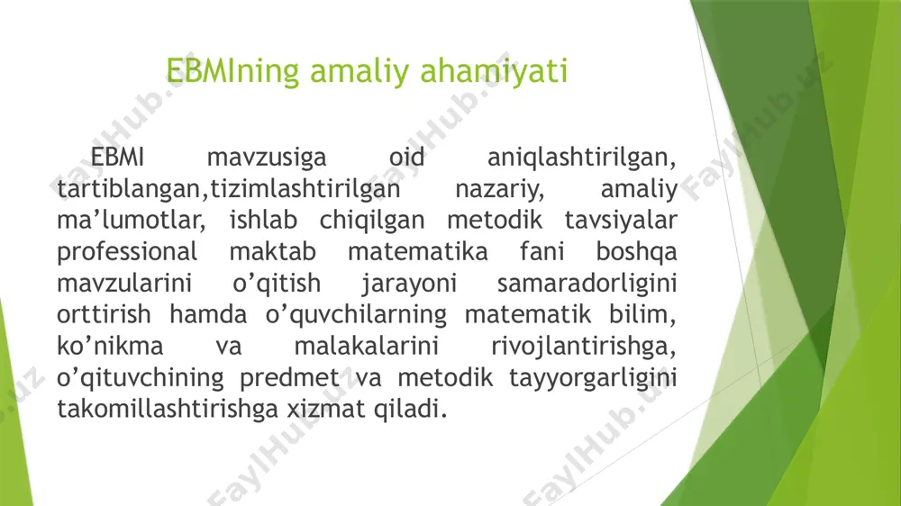 molardan biri ekanligi asoslandi. chunki interfaol usullar matematika o’qitishning sifat va samaradorligini ta’minlashga ximat qiladi. maktab matematika kursida “trigonometriya bo’limi” ni o’qitishda interfaol usullardan foydalanish mavzusidagi ebmi materiallaridan va chiqarilgan xulosalardan kelajakda amaliy faoliyatda foydalanish mumkin. foydalanilgan adabiyotlar ro’yhati o’zbekiston respublikasi konstitutsiyasi o‘zbekiston respublikasining “ta’lim to‘g‘risida”gi qonuni o‘zbekiston respublikasi prezidentining 2017-yil 26-sentabrdagi pq-3290-son “oliy ta’lim muassasalariga kirish uchun nomzodlarni maqsadli tayyorlash tizimini yanada takomillashtirish to‘g‘risida”gi, qarori algebra va analiz asoslari. o’rta maktabning 10-11 - sinf uchun darslik (sh.a.alimov, yu.m.kolyagin va boshqalar). - t.: o’qituvchi, 2001, - 304 b. algebra va matematik analiz asoslari. i k. akademik litseylar uchun qo’llanma (a.abduxamidov, a.nasimov va boshqalar). - t.: o’qituvchi, - 2007­462 b. matematika. i, ii qism. kasb-hunar kollejlari uchun qo’llanma (a.meliqulov va boshqalar). - t.: 2003. ципкин a.r. maremarakaaah cnpabo4hmk. ^atfra ишлaнгaн ba тyлдиpилгaн 3 - hamp^ тaржимa- т.: укитувчи, 1987. - 508 б. image1.png image2.jpeg image3.jpeg
