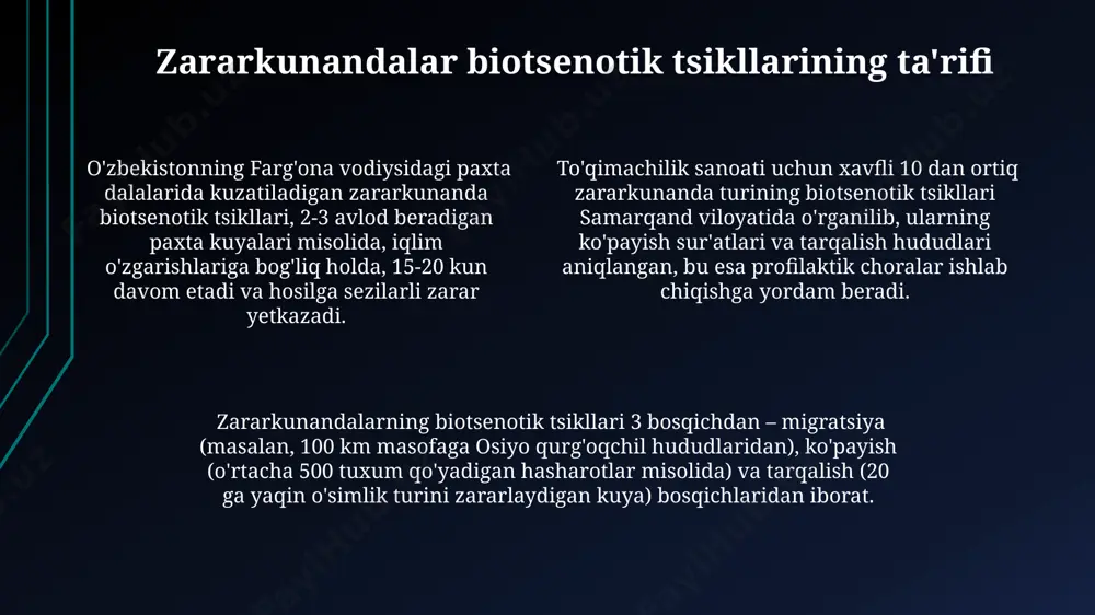 300 tuxum qo'yadi. namangan viloyatining bog'larida uchraydigan olma yaproq biti, yiliga 10-15 avlod beradi, ularning rivojlanish sikli harorat sharoitlariga qarab 7-14 kunni tashkil etadi va kuchli ko'payish davrlari iyun-avgust oylariga to'g'ri keladi. qoraqo'rg'on tumanidagi paxta dalalarida kuzatilayotgan asosiy zararkunanda - paxta qurti, yiliga 2-3 avlod beradi va uning rivojlanish sikli haroratga bog'liq holda 30-45 kunni tashkil etadi. biologik vositalar bilan kurash usullari фарғона водийсидаги иссиқхоналарда 25 турдаги биологик воситаларни қўллаш орқали, 2021 йилда ўсимлик касалликлари ва зараркунандаларининг тарқалиши 30% га чегараланди. тошкент вилоятидаги боғларда ўсимлик экстрактидан тайёрланган биопрепаратлар 2022 йилда 500 га ер майдонида синалди ва 70% гача зараркунандалар сонининг камайиши кузатилди. ўзбекистондаги пахта плантацияларида 2023 йилда биологик кураш воситалари, хусусан, bacillus thuringiensis нинг 3 та штамми самарали қўлланилди, бу зараркунандалар сонини 15% га камайтирди. biotsenoz tarkibiy qismlari va o'zaro ta'siri biotsenozda 10% ga yaqin fitofaglar va 25% ga yaqin entomofaglar mavjudligi, qashqadaryo viloyatidagi tadqiqotlarda aniqlangan, bu o'simliklar va hasharotlar …
