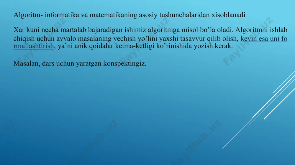 uzing. bu misol algoritmi so`zlar orqali ifodalanadi. 1)i ning qiymati 1 deb olinsin; 2) «vatan sajdagoh kabi muqaddasdir» yozilsin; 3) i ga 1 ni qo`shib i deb olinsin; 4) agar i ≤ 20 bo`lsa, 2-bandga o`tilsin; 5) tugallansin. algoritmlarni grafik usulda tasvirlash. algoritmlarni grafik usulda tasvirlashda har bir amal bir yoki bir nechta harakatni ifodalovchi o’zaro bogliq funksional bloklar ketma-ketligi orqali tasvirlanadi. algoritmning bunday tasvirlash usuli algoritm sxemasi yoki blok-sxema deb ataladi. blok-sxemada har bir harakat to’rini (boshlangich ikymatlarni kiritish, ifodalar qiymatlarini hisoblash, shartlarni tekshirish, amallarni takrorlashni boshqarish, ayta ishlashni tugatish va x.k.) ma’lum bir geometrik figura orqali ifodalanadi. blok cxemalarning uchta asosiy turii mavjud: чизикли: masalan, uchburchak yuzini xisoblash algoritmi) boshlash s, h, a s=ah s tamom 2. tarmoqlanuvchi: masalan, kvadrat tenglamani yechish algoritmi d=b2-4ac tamom d>0 x1,2= d=0 javob: r da echim yoq x=-b/2a da,b,c, x1,x2, d=b2-4ac boshlash ha yo‘q ha yo‘q 3. davriy (siklik) 1 dan 1000 …