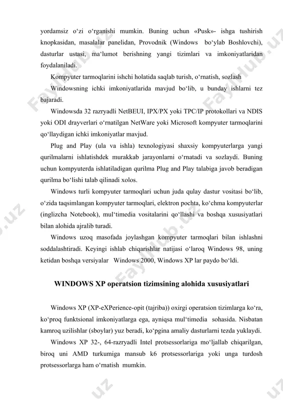 iga mo‘ljallab chiqarilgan, biroq uni amd turkumiga mansub k6 protsessorlariga yoki unga turdosh protsessorlarga ham o‘rnatish mumkin. windows xp uch versiyada chiqarilyapti: xp home edition, xp professional, xp 64-bit edition. windows xp home edition kichik biznes va xonadonda foydalanish maqsadiga mos keladi. u windows 9x larning asl modifikatsiyasi hisoblanadi. windows xp professional (6.1-rasm) o‘z navbatida biznes sohasida windows 2000 yoki windows nt foydalanuvchilari uchun mo‘ljallangan. xonadon sharoitiga moslangan tizimga ko‘ra u funktsional imkoniyatlari, xavfsizlik darajasi bilan yuqori hisoblanadi. biroq ikkala tizim uchun apparatlar texnik talablari o‘xshash: 4) operativ xotira xajmi -128mbayt (64mbayt-minimum); 5) 32-razryadli protsessor takt chastotasi -300mgts va yuqori; 6) qattiq diskdagi bo‘sh joy miqdori -1.5gbaytdan ko‘p; 7) cd-rom yoki dvd-rom diskovodlarining mavjudligi; 8) videokarta va monitor svga 800x600 nuqtali imkoniyat darajasi bilan. 1-rasm. windows xp professional – logotipi. windows xp 64-bit edition - 64 razryadli mijoz operatsion tizimi. u kinofilmlar uchun maxsus effektlar, uch o‘lchovli animatsiyali texnik va …