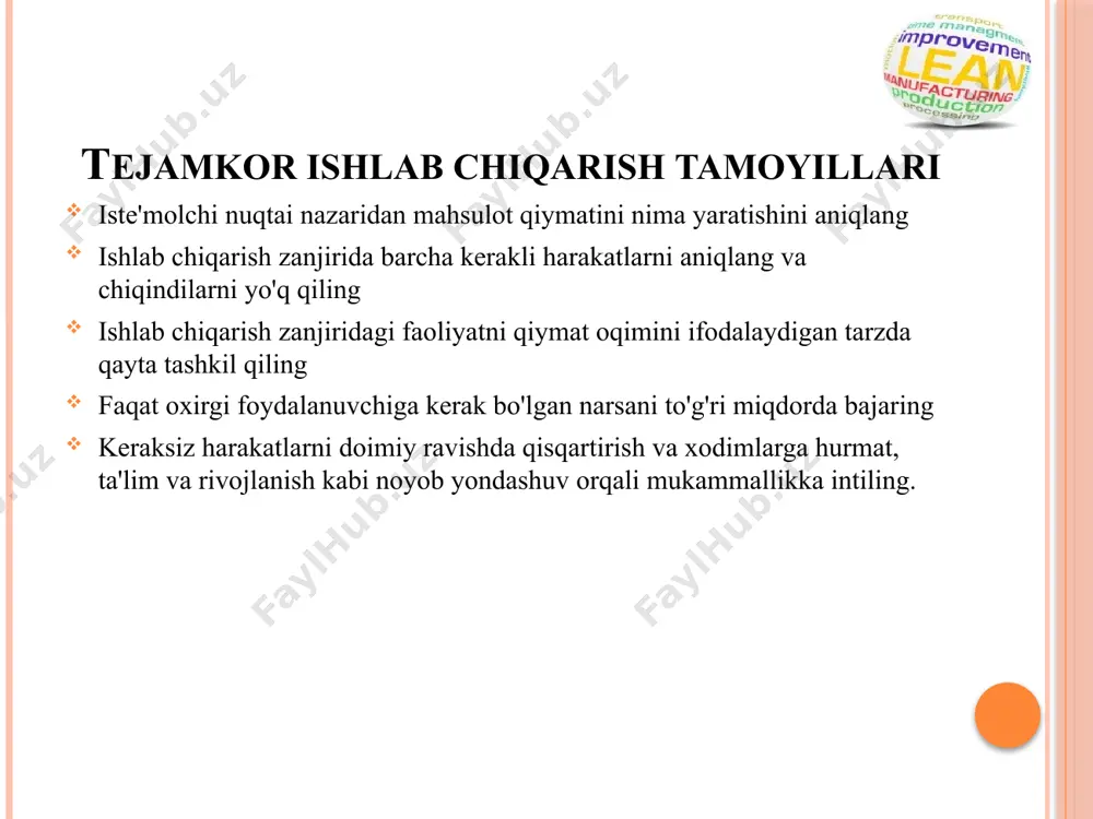 qoladilar va boshqa paytlarda ular ortiqcha ish bilan yuklanadi. muda, mura, muri nima ? sikl vaqti takt vaqti tsikl vaqti - jarayonning tayyor mahsulot ishlab chiqaradigan vaqt oralig'i yoki chastotasi. ruxsat beradi: - jarayonning haqiqiy ishlashini aniqlash jarayonning mumkin bo'lgan maksimal ishlashini taxmin qiling takt vaqti - iste'molchi tayyor mahsulotni talab qiladigan vaqt oralig'i yoki chastotasi quyidagilarni aniqlashga imkon beradi : jarayonni ortib borayotgan talabga moslashtirish joriy almashtirish vaqtlari bilan talabga mos keladigan lot hajmi jarayon samaradorligini mijoz talabiga moslashtirish har bir ishlab chiqarish birligining talab qilinadigan mahsuldorligi tejamkor ishlab chiqarish bugungi kunda biznesni optimallashtirishning eng samarali mafkuralaridan biridir. uning taniqli vositalaridan foydalanish tez ijobiy ta'sir ko'rsatishi mumkin. lekin eng muhim va doimiy yaxshilanishlarga faqat tejamkor ishlab chiqarishni uzluksiz takomillashtirish falsafasi sifatida qo'llash orqali erishish mumkin . tejamkor ishlab chiqarish uzoq vaqtdan beri bir nechta kompaniyalarning ijobiy tajribasi yoki bir nechta olimlar nazariyasidan ko'ra ko'proq bo'lib kelgan. ozg'in , birinchi …