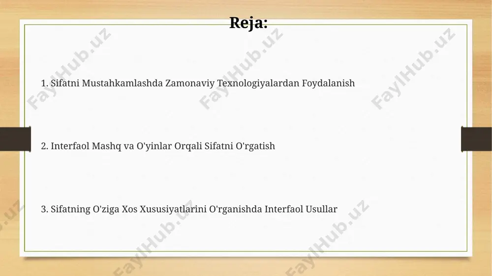 g‘at boyligini 15% ga oshirgan. xorazm viloyatida o‘quvchilar sifatlarni "yaxshi", "yomon" kabi 2 ta qarama-qarshi guruhga ajratib, har bir guruh 5 ta dalil keltirib, muloqotga asoslangan debat o‘tkazishi mumkin. interfaol o'yinlar orqali sifatlarni o'rganish interfaol o'yinlar, masalan, "sifatlar poygasi" o'yini yordamida 5-sinf o'quvchilari samarqanddagi maktablarda sifatlarning 3 ta asosiy turini (sifatdosh, egalik, belgi) osongina o'rganishlari mumkin. "sifatlarni top!" nomli interfaol topishmoq o'yini 10 ta savol va 2 ta darajadan iborat bo'lib, toshkentdagi 7-sinf o'quvchilarining lug'at boyligini kengaytirish va sifatlarni aniqlash ko'nikmalarini rivojlantirishga yordam beradi. andijon viloyatidagi maktablarda 6-sinf o'quvchilari uchun yaratilgan "sifatlar bilan gap tuz" onlayn o'yini, 15 ta jumla tuzish vazifasi orqali 2 turdagi sifatlarni (nisbiy va sifatlovchi) o'rganishni yanada qiziqarli qiladi. sifatning ta'rifi va turlari sifat, otga tegishli belgini bildiruvchi soʻz turkumidir va 2 ta asosiy turga: sifatlovchi va nisbat sifatlarga boʻlinadi. masalan, "yashil daraxt"da "yashil" soʻzi sifat hisoblanadi va samarqand viloyatining tabiatini tasvirlashda keng qoʻllaniladi. sifatlar, feʼl, …