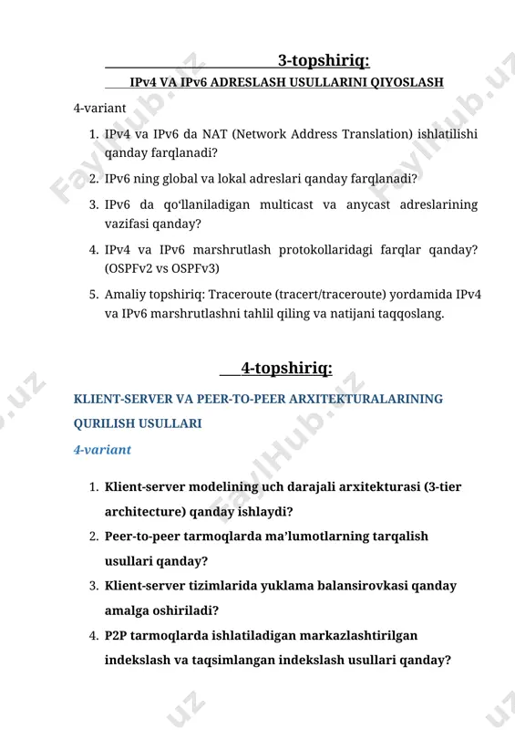 tps (http secure) – http ning xavfsiz versiyasi, ma’lumotlar tls/ssl orqali shifrlanadi. 3. dns (domain name system) – domen nomlarini (masalan, google.com) ip manzillarga aylantiradi. 4. tcp (transmission control protocol) – http/https orqali yuborilgan ma’lumotlar uzilmasdan, to‘liq yetib borishini ta’minlaydi. 5. tls/ssl – https uchun xavfsizlik protokoli, ma’lumotlar maxfiyligi va yaxlitligini kafolatlaydi. ishlash mexanizmi (qisqacha): brauzer domen nomini dns orqali ip manzilga aylantiradi → tcp orqali server bilan ulanish o‘rnatadi → https bo‘lsa, tls orqali shifrlash amalga oshadi → http so‘rovi yuboriladi → serverdan javob olinadi → veb-sahifa yuklanadi. 3) icmp (internet control message protocol) – bu ip protokolining yordamchi protokoli bo‘lib, tarmoqdagi xatoliklarni aniqlash va xabar berish uchun ishlatiladi. ishlash mexanizmi: · router yoki qurilma muammo (masalan, manzil topilmadi) aniqlasa, icmp xabari yuboradi. · masalan, ping komandasi orqali tarmoqda qurilma mavjudligini icmp yordamida tekshiramiz. asosiy xususiyatlari: 1. xatolik haqida ogohlantiradi – yetkazib bo‘lmagan paketlar, yo‘l mavjud emasligi va h.k. …
