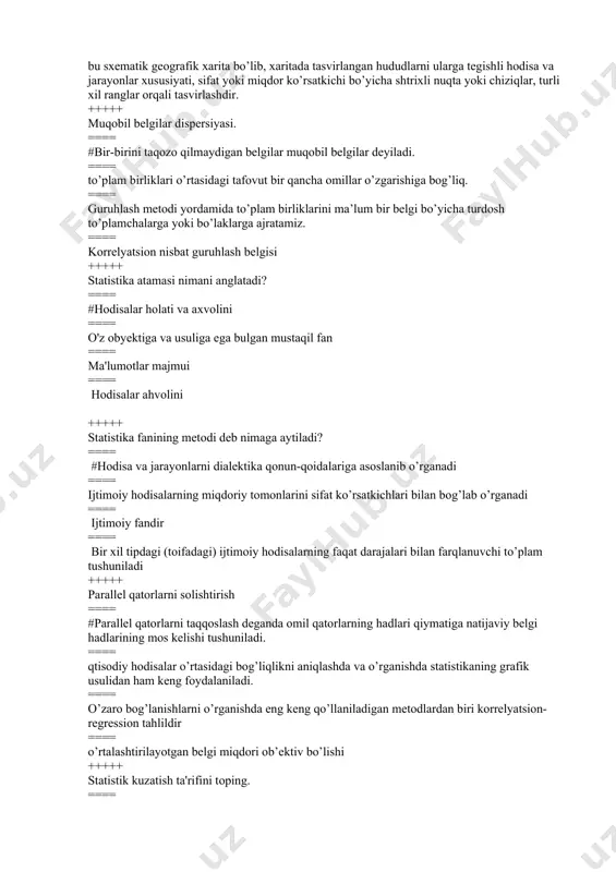 ishiga bog’liq. ==== guruhlash metodi yordamida to’plam birliklarini ma’lum bir belgi bo’yicha turdosh to’plamchalarga yoki bo’laklarga ajratamiz. ==== korrelyatsion nisbat guruhlash belgisi +++++ statistika atamasi nimani anglatadi? ==== #hоdisalar hоlati va axvоlini ==== o'z оbyektiga va usuliga ega bulgan mustaqil fan ==== ma'lumоtlar majmui ==== hоdisalar ahvоlini +++++ statistika fanining metоdi deb nimaga aytiladi? ==== #hоdisa va jarayonlarni dialektika qоnun-qоidalariga asоslanib o’rganadi ==== ijtimоiy hоdisalarning miqdоriy tоmоnlarini sifat ko’rsatkichlari bilan bоg’lab o’rganadi ==== ijtimоiy fandir ==== bir xil tipdagi (tоifadagi) ijtimоiy hоdisalarning faqat darajalari bilan farqlanuvchi to’plam tushuniladi +++++ parallel qatorlarni solishtirish ==== #parallel qatorlarni taqqoslash deganda omil qatorlarning hadlari qiymatiga natijaviy belgi hadlarining mos kelishi tushuniladi. ==== qtisodiy hodisalar o’rtasidagi bog’liqlikni aniqlashda va o’rganishda statistikaning grafik usulidan ham keng foydalaniladi. ==== o’zaro bog’lanishlarni o’rganishda eng keng qo’llaniladigan metodlardan biri korrelyatsion-regression tahlildir ==== o’rtalashtirilayotgan belgi miqdori ob’ektiv bo’lishi +++++ statistik kuzatish ta'rifini tоping. ==== #hоdisalar to’g’risida malumоtlarni rejali,ilmiy uyushtirilgan hоlda …
