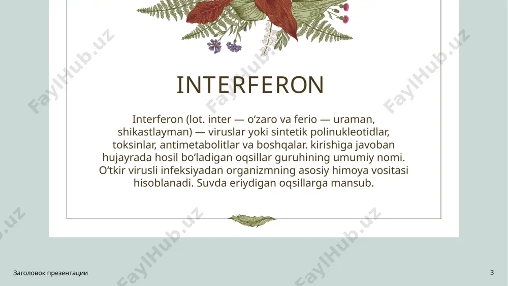 lash uchun ishlatiladi) alohida ahamiyatga ega.o'ziga xos hujayra membranasi retseptorlari mavjudligiga asoslanib, endogen interferonlarning turlari bo'yicha tasnifi mavjud : i tur - ifn-a, ifn-b, ifn-k, ifn-e, ifn-ō; ii tur - ifn-g; iii turdagi - ifn-l1, ifn-l2 va ifn-l3. название презентации 8 название презентации 9 harakat mexanizmi interferonning eng ko'p o'rganilgan xususiyati viruslarning ko'payishini oldini olish qobiliyatidir. virusli infektsiyaga javoban sutemizuvchilar va qushlarning hujayralarida hosil bo'ladi. hujayra infektsiyalanganida, virus ko'paya boshlaydi. xost hujayra bir vaqtning o'zida interferon ishlab chiqarishni boshlaydi, u hujayrani tark etadi va qo'shni hujayralar bilan aloqa qiladi. interferon to'g'ridan-to'g'ri antiviral ta'sirga ega bo'lmasa-da, u virusning ko'payishiga, virusli zarrachalarning shakllanishiga va uning yanada tarqalishiga to'sqinlik qiluvchi hujayralardagi o'zgarishlarni keltirib chiqarishga qodir. interferon bir necha yo'nalishda harakat qiladi. birinchidan, u infektsiyalangan hujayraga qo'shni bo'lgan hujayralarga ta'sir qiladi, ularda virusli oqsillar sintezini bostirishga va ba'zi hollarda virus zarralarini yig'ish va chiqarishga olib keladigan hodisalar zanjirini qo'zg'atadi (oligoadenilat siklazasini faollashtirish orqali). interferonga …