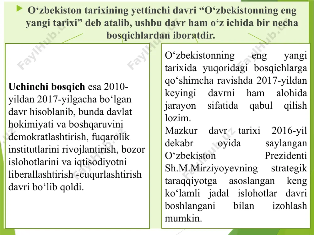 so‘zni anglatadi). uning mohiyati tabiatdagi jonsiz predmetlarga sig‘inishdir unga ko‘ra alohida buyumlar kishining o‘z maqsadiga erishtirish, ma'lum voqyea-hodisalarni o‘zgartirish kuchiga ega. 23 shomonlik shomonlik yoxud sehrgarlik («shomon» so‘zining tungus tilidagi ma'nosi «sehrgarlik»). sehrgarlik (afsun, magiya) real natijalar olish uchun ilohiy kuchlarga ta'sir etish maqsadida amalga oshiriladigan ritual - urf-odatlar majmuasidir. shamanlar va afsungarlar jazavali va asabiy kishilar bo‘lib, odamlar ularni ruhlar bilan muloqotda bo‘lish, ularga jamoaning umid va niyatlarini yetkazish, ularning irodasini talqin qilish qobiliyatiga ega ekanligiga chuqur ishonganlar 24 o'q-yoy (kamon), nayza qurollari yasaldi. ovchilik, hayvonlarni qo'lga o'rgatila boshlandi, boshoqli o'simliklar o'stirildi. qoyatosh suratlari paydo bo`ldi. mil. avv. 12-7 ming y. “o`rta tosh” davri mezolit hunarmandchilik vujudga keldi. uy-joy qurilishi va o'troqlashuv boshlandi. ip yigiruvchi urchuq, to'quv dastgohlari vujudga keldi. jun va o'simlik tolasidan kiyimlar tikildi. neolit yangi tosh davri mil.avv. 6-4 ming yillik mis kashf etildi, misdan bolta, o'roq, nayza uchlari, xanjar qurollari, taqinchoq va bezak buyumlari yasaldi. …