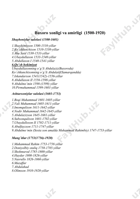 y 1721-1733-yillar 3.abdukarimbiy 1733-1750-yillar 4.erdona 1751-1762-yillar 5.norbo`tabiy 1763-1798-yillar 6.olimxon 1798-1810-yillar 7.umarxon 1810-1822-yillar 8.muhammad alixon (madalixon) 1822-1841-yillar 9.sulton mahmudxon 1841-1842-yillar 10.sheralixon 1842-1845-yillar 11.murodxon 1845-yil 12.xudoyorxon 1845-1875-yillar 13.nasriddinbek 1875-1876-yillar