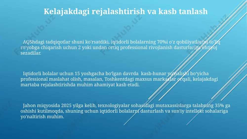 ladi. o'ziga nisbatan yuqori talablar aqshning stanford universiteti tadqiqotchilari tomonidan olib borilgan tadqiqotlar shuni koʻrsatdiki, oʻziga nisbatan haddan tashqari yuqori talablar qoʻygan 500 nafar gifted bola orasida o'qishga bo'lgan qiziqishining pasayishi 20% ga yaqinlashgan. oʻzbekistonning 10 ta yirik shaharlarida oʻtkazilgan tadqiqotlar shuni koʻrsatdiki, yuqori qobiliyatli bolalarning 70% dan ortigʻi oʻziga nisbatan haddan tashqari yuqori talablar qoʻyadi, bu esa ularning ruhiy salomatligiga salbiy ta'sir ko'rsatishi mumkin. gifted bolalar o'zlarining tengdoshlariga nisbatan 3-4 baravar ko'proq mukammallikka intilishadi va bu o'ziga nisbatan haddan tashqari yuqori talablar bilan bog'liq bo'lib, stress va tushkunlikka olib kelishi mumkin, ayniqsa, samarqanddagi maxsus maktablarda kuzatiladi. ijodkorlikni rivojlantirishdagi qiyinchiliklar o'zbekistonning qishloq hududlarida iqtidorli bolalar uchun qo'shimcha resurslar va ixtisoslashtirilgan dasturlar etishmasligi, ularning 15%ining rivojlanish potentsialini to'liq ro'yobga chiqarishiga to'sqinlik qiladi. samarqanddagi tadqiqotlar shuni ko'rsatdiki, iqtidorli bolalarning 30%i ijtimoiy moslashuv qiyinchiliklariga duch kelishadi, chunki ular tengdoshlari bilan o'zaro munosabatlarni o'rnatishda qiyinchiliklarga duch kelishadi. ijodkor bolalar ko'pincha an'anaviy ta'lim tizimining 5-sinf …