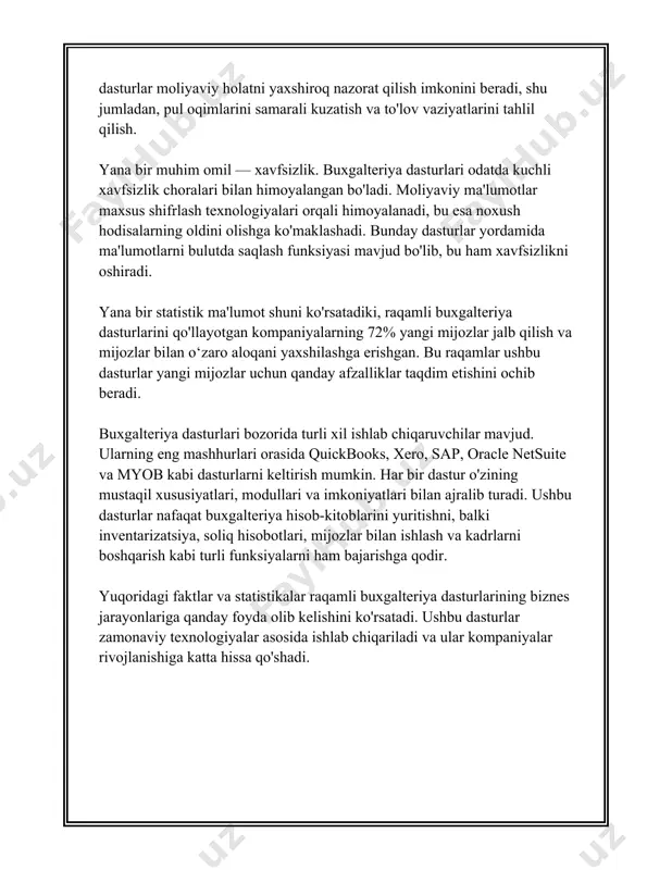 yaxshilaganlarini ta'kidlagan. shuningdek, 67% korxonalar bu jarayon yordamida xodimlarning samaradorligini orttirganliklarini bildirgan. shu bilan birga, moliyaviy hisobotlarning avtomatlashtirilishi nafaqat xato vaqti-tejamni, balki xavfsizlikni ham oshiradi. soliq qonunchiligiga muvofiq hisobotlarni avtomatik ravishda tiklash va saqlab qo'yish imkoniyati mavjud. bu esa, korxonalarni qonuniy muammolardan himoyalashda muhim rol o'ynaydi. moodys analytics'ning hisobotiga ko'ra, iqtisodiy taraqqiyot sharoitida avtomatlashtirilgan tizimlar ishlashi natijasida global korxonalar yillik 10-15% gacha iqtisodiya qilish mumkin bo'ladi. ushbu miqdor sezilarli darajada katta yutuq hisoblanadi, bu esa korxonalar raqobatbardoshligini oshirishga xizmat qiladi. xulosa qilib aytganda, moliyaviy hisobotlarning avtomatlashtirilishi korxonalarga nafaqat vaqt, mablag' va resurslarni tejashda yordam beradi, balki aniq va ishonchli ma'lumotlar taqdim etib, boshqaruv qarorlarini qabul qilishni ham osonlashtiradi. hisobotlarni aniq va tezkor tuzish, korxonalarning o'z faoliyatida muvaffaqiyatga erishishini ta'minlaydigan muhim yo'nalishlardan biridir. 3. bulutli hisob-kitob xizmatlari bulutli hisob-kitob xizmatlari (cloud computing services) so'nggi yillarda juda mashhur va keng tarqalgan texnologiyalardan biri bo'lib qoldi. ushbu xizmatlar texnologiya kompaniyalari va foydalanuvchilarga o'zlarining …