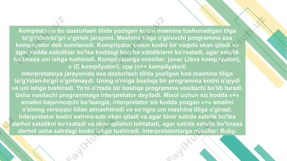 t your text your text your text kompilyator formal tillar nuqtai nazaridan quyidagi 2 asosiy funktsiyalarni bajaradi: 1. u kiruvchi dastur matni tili uchun anglovchi xisoblanadi (kiruvchi dastur zanjirlar generatori bulib xisoblanadi); 2. natijaviy dastur tili uchun generator xisoblanadi (anglovchi bulib xisoblash tizimi xisoblanadi). kompilyatorning vazifalari leksik tahlil – bu kompilyator boʼlagi boʼlib, dastur literalarini oʼqiydi va ular orqali kiruvchi til leksemalarini koʼradi. sintaksis tahlil – tahlil bosqichidagi kompilyatorning asosiy bulagidir. tilning sistaksis konstruktsiyalarini ajratadi. semantik tahlil – bu kompilyator boʼlagi boʼlib, kiruvchi til semantikasi nuqtai nazaridan dastur matnini tekshiradi. kodni generatsiyalashga tayyorgarlik – natijaviy dasturning sintezi bilan bogʼlik boʼlgan xarakatlarga tayyorgarlik bajariladi. kodni genaratsiyalash – natijaviy kodni bevosita xosil etish – kodni optimizatsiyalashni uz ichiga olgan asosiy faza. identifikatorlar jadvali – kiruvchi dastur elementlari haqidagi maʼlumotlarni saqlovchi berilganlar tuplami. hozirda bir necha xil identifikatorlar jadvali mavjud. utish – bu tashqi xotiradan berilganlarni oxirgi uqish jarayoni, ularni qayta ishlash va …
