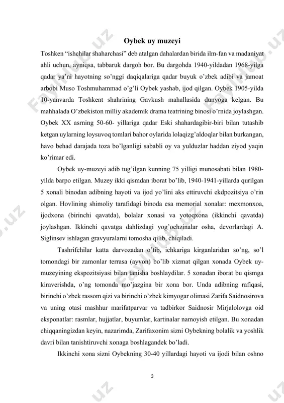 r saidnosir mirjalolovga oid eksponatlar: rasmlar, hujjatlar, buyumlar, kartinalar namoyish etilgan. bu xonadan chiqqaningizdan keyin, nazarimda, zarifaxonim sizni oybekning bolalik va yoshlik davri bilan tanishtiruvchi xonaga boshlagandek bo’ladi. ikkinchi xona sizni oybekning 30-40 yillardagi hayoti va ijodi bilan oshno etadi. u shu yillarda navoiy va pushkin ijod buloqlaridan hovuchlab suv ichdi. navoiyga bag’ishlab she’r vailmiy maqolalar yozdi, pushkinning “yevgeniy onegin” she’riy romanini birinchi bo’lib o’rta osiyo xalqlarining biriga tarjima qildi. 1937-yilning daxshatli bo’roni gurlaganda, u cho’lponning “dumi”, turkiston muxtoriyat hukumatining xazinachisi s. mirjalilovning kuyovi sifatida qoralanib, yozuvchilar uyushmasidan ham, til va adabiyot institutidan ham haydaldi. devordagi rasmlarda birida o’zbek snayperi sizga qarab turadi. bu rangli rasmni jangchi rassom ishlagan. oybek 1942-yil oxiri 1943-yil boshlarida moskva bo’sag’asida jon olib, jon berayotgan o’zbek jangchilari huzuriga borganida, uni 96 nafar nemisni yer tishlatgan azamat o’zbek yigitiga sovg’a qilgan. snayperlik miltig’iga “100” raqamini yzishga ulgurmay halok bo’lgan bu jangchi adibning “quyosh qoraymas” romanidagi bektemir …