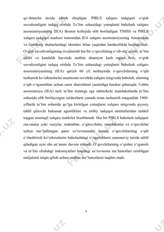 ilarning tushunish jarayoni barcha matnlar, jumladan, epirls tadqiqotida internetdagiga yaqinlashtirilgan topshiriqlar orqali baholanadi. odatda o‘qishdan ko‘zlangan har qanday maqsad ma’lum turdagi matnlar bilan bog‘liqlikka ega. masalan, badiiy tajriba orttirish uchun o‘qish odatda fantastik asarlarni mutolaa qilish bilan bog‘langan, vaholanki axborotni olish va undan foydalanish ma’lumotga boy maqolalar va ko‘rsatmaga oid matnlarni o‘qish bilan amalga oshiriladi. shunga qaramasdan, o‘qishdan ko‘zlangan maqsadlar alohida matn turi bilan cheklanib qolmaydi. masalan, tarjimai hollar odatda axborot beruvchi yoki badiiy turkumga mansub material hisoblanadi, ammo ular o‘qishdan ko‘zlangan har ikkala maqsad xususiyatlarini o‘z ichiga oladi. matnlar odatda, ulardan anglashilgan mazmunni turli usulda shakllantirish yordamida, ularda aks etgan fikr-mulohazalarni qay tartibda tashkillashtirilgani va taqdim etilganiga qarab farqlanadi. 66,67 matnlar tuzilishi va shakliga ko‘ra, yozma materiallari tartib bilan joylashtirilgan matnlardan to tasvirli va jadvalli ma’lumotlar bilan to‘ldirilgan qisqa so‘zlar va iborali matnlargacha bo‘lib, ular bir-biridan keskin farq qiladi. ma’lum matn janriga xos bo‘lgan mazmun, tarkib va uslub o‘quvchiga …