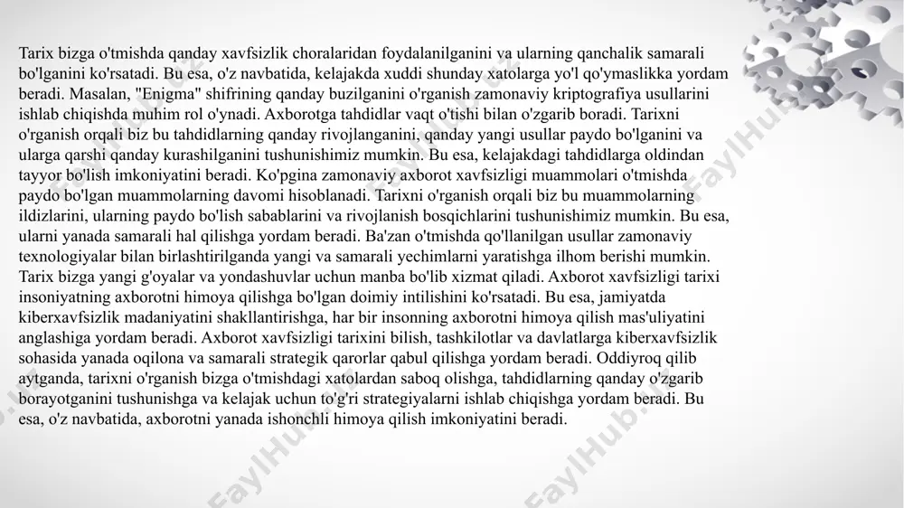 san'ati va fani bo'lib, uning mavjudligi sezilmaydi. kriptografiyadan farqli o'laroq, bu yerda xabarning mazmuni emas, balki uning borligi yashiriladi. boshqacha qilib aytganda, kriptografiya xabarni tushunarsiz qiladi, steganografiya esa uni ko'rinmas qiladi. matnli steganografiya: bu usulda yashirin xabar oddiy matn ichiga yashiriladi. masalan, har bir so'zning bosh harflaridan iborat xabar tuzish yoki matndagi ba'zi harflarni biroz o'zgartirish orqali (masalan, "o" o'rniga "ó" ishlatish). rasm steganografiyasi: bu eng keng tarqalgan usullardan biri bo'lib, bunda yashirin xabar raqamli rasmning piksellariga yashiriladi. ko'z bunday o'zgarishlarni sezmaydi, lekin maxsus dasturlar yashirin ma'lumotlarni olishi mumkin. audio steganografiya: bu usulda yashirin xabar audiofaylga yashiriladi. masalan, musiqa yoki nutq yozuvidagi eng past ovozlar o'rniga yashirin ma'lumotlar kiritiladi. video steganografiya: bu rasm steganografiyasiga o'xshash, lekin bu yerda yashirin xabar video oqimiga yashiriladi. tarmoq steganografiyasi: bu usulda yashirin xabar tarmoq protokollarining boshqaruv maydonlariga yashiriladi. spartanlar axborotni qanday himoya qilgan? spartanlar o‘zlarining qat’iy harbiy intizomi va yopiq jamiyati bilan mashhur bo‘lgan …