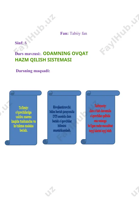 onlarining normal o‘tishi uchun zarur moddalar oziq ovqat bilan qabul qilinadi. · odam organizmi uchun zarur moddalar · quyidagilardan iborat: · 1) organik moddalar: oqsil, yog‘, uglevod, vitaminlar; · 2) anorganik moddalar: suv, minerallar bu moddalar odam organizmida muhim vazifalarni bajaradi. ovqat tarkibidagi organic moddalar murakkab tuzilgan yirik molekulalardir. bu moddalarni hujayralarga yetkazish uchun kichik qismlarga ajratish, ya’ni parchalash lozim. bu jarayonni ovqat hazm qilish sistemasi bajaradi. uglevod mavzuni mustahkamlash uchun savollar 1. oziq-ovqat mahsulotlari tarkibida qanday moddalar mavjud? 2. tirik organizmlar nima uchun oziqlanadilar? 3. o‘simlik va hayvonlarning oziqlanish jarayonlarini taqqoslang. v.uyga vazifa. mavzuni yaxshilab o’qib, mavzuga oid rasmlarni chizish. image6.png image7.png image8.emf image9.emf image10.emf image11.emf image12.emf image13.emf image14.emf image15.emf image16.emf image17.png image18.png image19.png image20.png image21.png image22.png image23.png image24.jpeg image1.png image2.jpeg image3.wmf image4.wmf image5.wmf