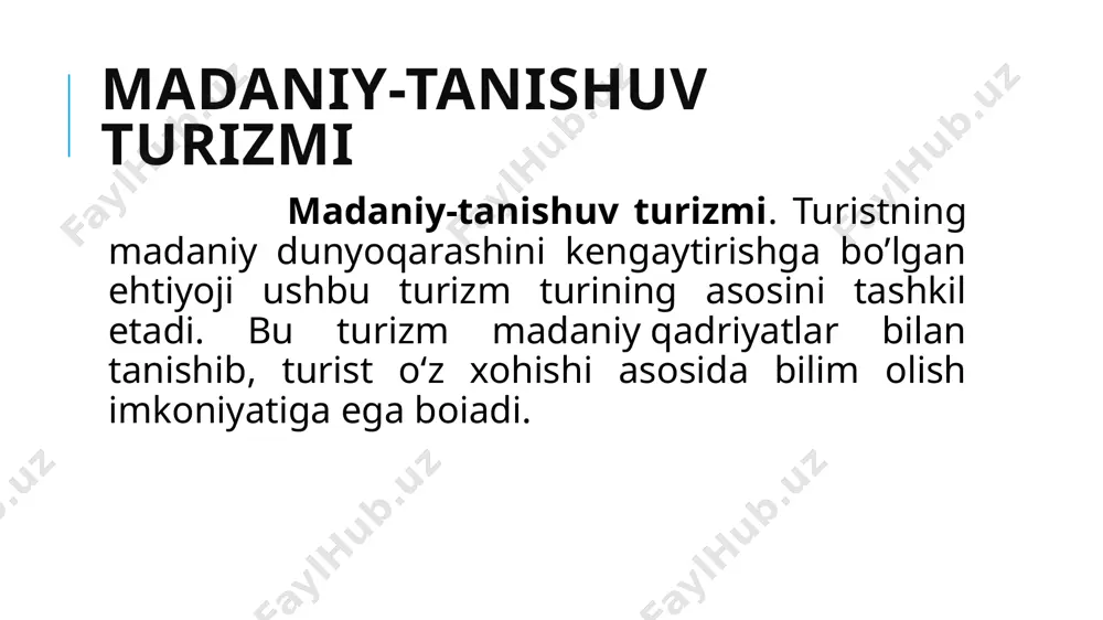 chi, ekolog, injener, mutaxassis) boshliq rahbarligida qisqa muddatlarda o‘lkashunoslik, tarixiy, madaniyat muzeylarini botanika bog‘larini, zavod, fabrikalarning ish faoliyatlarini, yaqin masofalardagi oromgohlar, tabiiy landshaftlarni, hayvonot bog‘lari, suv va daryo havzalarini ko‘rishga qiziqish. shaharsozlik turizmi - o‘z vatanida va xorij davlatlaridagi zamonaviy shaharlarni ko‘rishga qiziqish. toshkent, samarkand, buxoro, xiva, shaxrisabz shaharlaridagi yangi obidalar va yangi tipda kengaytirilgan shaharlar, ayniqsa cho‘llarimizda bunyod etilgan navoiy, zarafshon, uchquduq shaharlariga qiziqish ichki turizmda ham xalqaro turizmda ham o‘zining turistik bozorini topishni taminlashimiz lozim. qayd qilingan 14 ta turizm turi respublikamizda talablar darajasida rivojlanishi mumkin. chunki bu turizm turlariga (ichki va tashqi turizmda) turistlarning qiziqishlari haqida batafsil malumotlar bor. ikkinchidan, qayd qilingan turlarning turistik resurslari - obektlari xilma-xilligi, mazmundorligi, diqqatga sazovorligi, ulug‘vorligi, muqaddasligi, noyobligi, betakrorligi jihatlari, ko‘rinishlari tariflari shiddatli ravishda televideniye, internet axborotlar tizimida reklama qilinmoqda. shuningdek, turizm rivojlangan davlatlardagi tajribalardan malumki bu turlarga turistlarning oqimi juda katta masshtablarda bo‘ladi. shuning uchun ham qayd qilingan turlar turizmdagi …