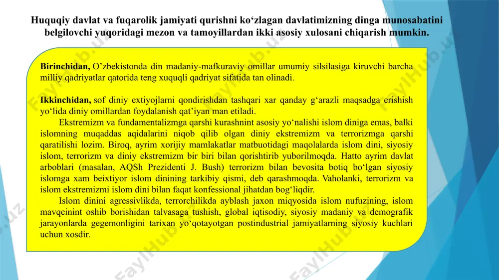 ator qiyinchiliklarni keltirib chiqardi. ushbu muammoni xal etishga — diniy bilimlarni chuqur egallagan mutaxassislarni tayyorlash ishiga samarali xissa qo‘shayotgan o’zbekistondagi mavjud madrasalar tizimiga imom al-buxoriy nomidagi mir arab madrasasi va shu nomdagi toshkent islom ma’hadi boshchilik qilmoqda. ular qohira shahridagi al-azhar dorilfununi va iordaniya qirolligining islom dorilfununi kabi yirik islomiy ilm markazlari bilan aloqa bog‘laganlar. o’zbekiston — dunyoviy davlat. demak, dunyoviy davlatlarda amal qiladigan davlat va din munosabatlari prinsiplari o’zbekistonda xam amal qiladi. bu prinsiplar moxiyatini yanada teranroq tushunish uchun bmtning „inson xuquqlari umumjaxon deklaratsiyasi", mamlakatimiz konstitutsiyasi va o’zbekiston respublikasi oliy majlisi tomonidan 1998 yilning 1 mayida yangi taxrirda qabul qilingan 23 moddadan iborat „vijdon erkinligi va diniy tashkilotlar to‘g‘risida"gi qonun bilan batafsil tanishib chiqmoq lozim. vijdon erkinligi demokratiyaning tarkibiy qismidir. shuning uchun xam bmtning 1948 yilda qabul qilingan „inson xuquqlari umumjaxon deklaratsiyasi"ning 18-moddasida „har bir inson... vijdon va din erkinligi xuquqiga egadir" deb yozilgan. o’zbekiston respublikasi konstitutsiyasining 31- moddasida …