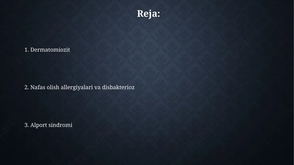 o'ynaydi, allergenlar bilan o'zaro ta'sirlashib, 2-toifa yallig'lanishga olib keladi. taxminan 20% odamlar ta'sirlanish xavfiga ega. dermatomiotsit dermatomiozit 5-15 yoshdagi bolalarda va 40-60 yoshdagi kattalarda ko'proq uchraydi, bu mushaklarning zaifligi va xarakterli teri toshmalari bilan tavsiflanadi. gottron papulalari - barmoqlarning bo'g'imlari ustidagi qizg'ish yoki binafsha rangli toshmalar dermatomiozitning diagnostik belgisi bo'lib, 70% holatlarda kuzatiladi. disbakterioz davolash probiyotiklar, prebiyotiklar va baʼzan antibiotiklarni oʻz ichiga oladi. probiyotiklar kamida 10^6 cfu boʻlgan foydali bakteriyalarni oʻz ichiga olishi lozim. klinik belgilari oʻzgaruvchan boʻlishi mumkin, masalan, qorin damlash, ich ketishi yoki qabziyat, shuningdek, 70% immunitet ichakda boʻlgani uchun immunitet zaiflashishi mumkin. e'tiboringiz uchun rahmat @slaydtayor_bot image3.jpg image4.jpg image5.jpg image6.jpg image7.jpg image8.jpg image9.jpg