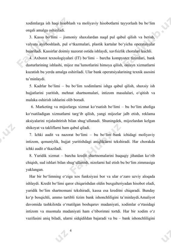 amaliy jihatlari, balki huquqiy asoslarini ham o‘rganishga alohida e’tibor qaratdim. chunki bank tizimi bevosita qonunchilikka tayangan holda faoliyat yuritadi va har bir moliyaviy operatsiya belgilangan me’yoriy hujjatlar asosida amalga oshiriladi. “agrobank” atb parkent tumani filialida amaliyot o‘tar ekanman, tashkilot faoliyatini tartibga soluvchi bir nechta muhim qonunlar, prezident farmonlari, hukumat qarorlari va qonun osti hujjatlarini tahlil qildim. eng avvalo, bank tizimining umumiy huquqiy asoslari “banklar va bank faoliyati to‘g‘risida”gi o‘zbekiston respublikasi qonuni bilan tartibga solinadi. ushbu qonun bankning huquqlari, majburiyatlari, mijozlar bilan munosabatlari, valyuta va kredit siyosatiga oid qoidalarni belgilaydi. mazkur qonun asosida barcha bank amaliyotlari qonuniy asosda tashkil etiladi. men bu qonunning asosiy boblarini, xususan, bank maxfiyligi, kreditlash mezonlari, garov siyosati va likvidlik talablari bilan bog‘liq qoidalarni o‘rganib chiqdim. shuningdek, amaliyotimda o‘zbekiston respublikasi prezidentining 2009-yil 30-martdagi “agrobank”ni tashkil etish to‘g‘risidagi farmoni asosida agrobank faoliyatining yuridik poydevori bilan tanishdim. ushbu farmonda agrobankning asosiy vazifalari, ya’ni qishloq xo‘jaligini moliyalashtirish, infratuzilmani rivojlantirish va …