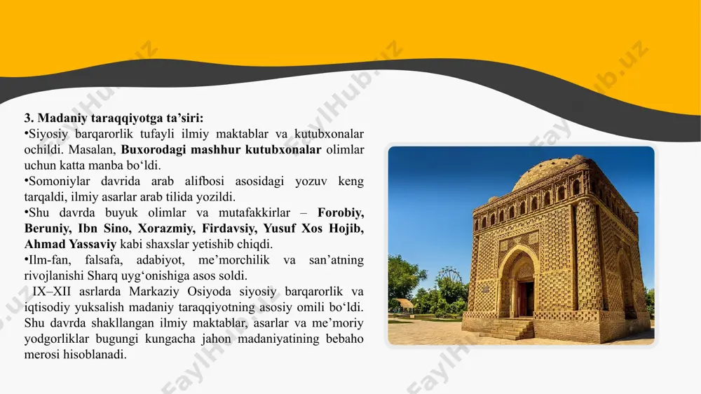 lan, buxorodagi kutubxona dunyodagi eng boy kitobxonalardan biri bo‘lgan. she’riyat va adabiyot yuksaldi – firdavsiy, rudakiy, yusuf xos hojib, ahmad yassaviy kabi adiblar asarlari xalq ma’naviyatini boyitdi. musiqa san’ati: forobiy va boshqa olimlarning musiqaga oid risolalari amaliy musiqaning rivojiga katta hissa qo‘shdi. tasavvuf madaniyati shakllandi, ahmad yassaviy va uning izdoshlari xalq ma’naviyatiga ruhiy-ma’rifiy ta’sir ko‘rsatdi. madaniyat yutuqlari e’tiboringiz uchun raxmat! image2.jpg image3.png image4.png image5.png image6.png image7.png image1.jpg /docprops/thumbnail.jpeg