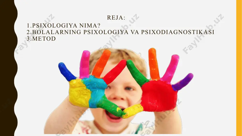 nt – ilmiy bilishning metodi exsperimentda – psixik xususiyatlar maxsus sharoitda o’rganiladi.bu 2 turga ajratiladi: 1.laboratoriya exsperiment 2.tabiiy exsperiment yordamchi metodlar – test, so’rov, faoliyat maxsullarini o’rganish test metodi – kamida 3 marta yoziladi va bu metod 2 ga bo’linadi: 1) ochiq test 2) yopiq test so’rov metodi – bu metodda har bir odam bilan yuzma-yuz gaplashiladi. 1) bevosita og’zaki 2) bir vosita anketa faoliyat mahsulini o’rganish metodi - orqali maktab yoshidagi bolalarnio’rganish haqida gap ketganda birinchi navbatda bolalarning tasviriy faoliyati mahsulini tashkil qilish nazarda tutiladi.shu tufayli tasviriy faoliyat mahsullarini o’rganishga asoslangan metodalr o’z nomi bilan grafik metodlar deb ataladi grafik metodi – bolani amalga bajarishga undovchi va uni tashkil qiluvchi metod. image1.png image2.jpeg image3.jpeg image4.png image5.png image6.png image7.png image8.png image9.jpeg image10.jpeg image11.jpeg image12.png