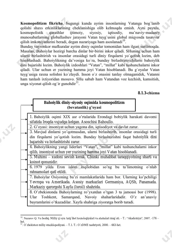 cherkovi keskin kosmopolitik tendentsiyalar tarafdori bo’lgan. 5. uyg’onish davrida kosmopolitik g’oyalar tomazo kompanella (quyosh shahri) kabi mutafakkirlar asarlarida targ’ib qilingan. 6. keyinchalik g’oyalar daromad orqasidan quvish manfaatlarida aks etgan. jon kennedi “tinchlik korpusi”ni tashkil etib, dunyoning turli joylariga o’z xodimlarini yuborib, ingliz tilini o’rgatish g’oyasini ilgari surgan. 7. aslida har qandaay millat, katta-kichikligidan qat’iy nazar til, madaniyat va boshqa xususiyatlar insoniyatning boyligidir. uning yo’q bo’lib ketishi yer yuzidagi milliy va genetik fondning, shaxs imkoniyatlarining qashshoqlashuviga olib keladi. 8. integratsiyalashuv tendentsiyalari, ma’lum darajada kosmopolitizm ko’rinishida bo’lib, globallashuv jarayonida o’z ifodasini topmoqda. mdh ning yuzaga kelishi, bozor xo’jaligi iqtisodiyotiga o’tishi va hokazo globallashuvning yana bir kuchli omiliga aylandi. globallashuv migratsiya (aholining siljishi) jarayoni bilan ham bog’liq. migratsiya tufayli muhojirlar orasida uyushgan jinoyatchilar, nizolar salbiy ta’sir qilishi mumkin. 2005 yil noyabrida frantsiya, belgiya, germaniya (ayniqsa 2014-2016 y.) shaharlarida tartibsizliklar bo’lib o’tdi. 9. o’zbekistonda faoliyat ko’rsatayotgan xalqaro tashkilotlar har doim ham olijanob maqsadlarni ko’zlayvermaydi. …