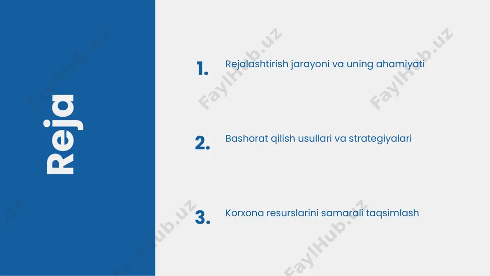 yoki pasayish tendentsiyalarini ko‘rsatishi mumkin. regressiya tahlili esa o‘zgaruvchilar o‘rtasidagi bog‘lanishni o‘rganib, bir o‘zgaruvchining boshqa o‘zgaruvchilar bilan qanday aloqada ekanligini aniqlash imkonini beradi. bashorat qilishda zamonaviy texnologiyalarni qo‘llash muhim ahamiyatga ega. sun'iy intellekt va mashinani o‘rganish texnologiyalari katta hajmdagi ma'lumotlarni tahlil qilishda qo‘llaniladi. masalan, marketing strategiyalarini oshirish maqsadida mijozlar ma'lumotlari asosida bashoratlar berish mumkin. bulutli hisoblash va katta ma'lumotlar (big data) texnologiyalari esa ma'lumotlarni saqlash va tahlil qilish jarayonlarini samarali ravishda optimallashtiradi. rejalashtirish jarayonining muvaffaqiyatli misollari muvaffaqiyatli rejalashtirish jarayoniga ega kompaniyalar: **xalqaro tajribalar:** 1. **toyota:** ishlab chiqarish jarayonlarini optimallashtirish va sifatni nazorat qilish orqali global bozorda muvaffaqiyat qozondi. 2. **apple:** innovatsion mahsulotlar va samarali marketing strategiyalari bilan raqobatbardosh bo'lib, o'z brendini kuchaytirdi. **mahalliy tajribalar:** 1. **ucell:** mahalliy bozorni o'rganish va mijozlar ehtiyojlarini inobatga olish orqali xizmatlarini kengaytirdi. 2. **o'zbekneftgaz:** energetika sohasida samarali rejalashtirish va investitsiya strategiyalari bilan rivojlanmoqda. **olingan darslar:** - rejalashtirish jarayonida bozorni chuqur o'rganish muhimdir. - innovatsion yondashuvlar …