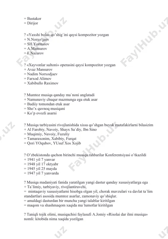 n yangi dastur qanday xususiyatlarga ega + ta`limiy, tarbiyaviy, rivojlantiruvchi, = mintaqaviy xususiyatlarni hisobga olgan yil, chorak mavzulari va davlat ta`lim standartlari asosida mumtoz asarlar, zamonaviy qo’shiqlar. = amaldagi dasturdan bir muncha yangi talablar kiritilgan = maqom va shashmaqom xaqida ma`lumotlar kiritilgan ? taniqli tojik olimi, musiqachisi faylasufi a.jomiy «risolai dar ilmi musiqa» nomli: kitobida nima xaqida yozilgan + kompozitsiya, lad, ritm, nisbatlari = maqom musiqa = mumtoz musiqa = sharq va g`arb-musiqasi ? xorijiy mamlakatlarda musiqa fani «integratsiya» shaklda o’tiladi, bunga qanday fanlar bog`langan? + musiqa, tasviriy san`at, mehnat = tarix adabiyot musiqa = musiqa, chet tili, tarix = musiqa, tasviriy san`at, jismoniy tarbiya ? suzduki tizimini o’ziga xos xususiyati nimadan iborat + har bir fan musiqa sadolari ostida o’qitiladi = musiqaga katta e`tibor beriladi = elektron cholg`u asboblari yordamida = qobiliyatli tarbiyalanuvchilarga alohida e`tibor beriladi ? o’zbekiston respublikasi davlat madhiyasi m.burxonov va a.oripov she`ri bilan yaratilgan bo’lib, mustaqillikka …