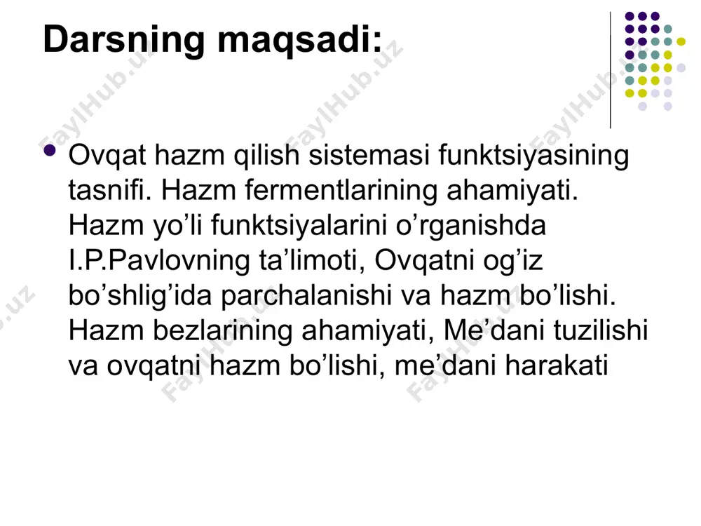 rug‘simon so‘rg‘ichlar - tilning uchi va yonlarida joylashgan bo‘lib, ta’m bilishda xizmat qiladi. 3. halqa bilan o‘ralgan (tarnovsimon) so‘rg‘ichlar-7–12 ta bo‘lib, tilning ildizi va tana chegarasida, ko‘r teshikning ikki yonboshida rimcha “v” raqami shaklida joylashgan. ularda ta’m bilish so‘g‘onlari juda ko‘p. 4. varaqsimon yoki bargsimon so‘rg‘ichlar- kitob varaqlari kabi tilning yonlarida joylashib, ta’m bilishda qatnashadi. so’rilish funktsiyasi - me’da, ingichka ichak yo’g’on ichak shilliq pardasi ozuqa moddalarini so’rib, qonga va limfaga o’tkazadi motor funktsiyasi - hazm apparatining muskullarini harakatlantirishidir. sekretor funktsiyasi - ba’zi hujayralar hazm shiralarini: so’lak me’da shirasi, me’da osti bezining shirasi, o’t safroni ishlab beradi. og’iz atrofi so’lak bezlari quloq oldi bezi yuz terisi ostida, tashqi quloq pastida va orqa tomondagi pastki jag‘ suyagi chuqurchasigacha boradi. bez alohida-alohida bo‘lakchalardan iborat bo‘lib, ularning naychalari markaziy nayga qo‘shiladi. bezning og‘irligi 25–30 g, fibroz parda bilan o‘ralgan. bez naychasi chaynov muskulidan ko‘ndalang o‘tib, lunj muskuli orqali og‘iz bo‘shlig‘ining dahliziga, yuqori jag‘ning …