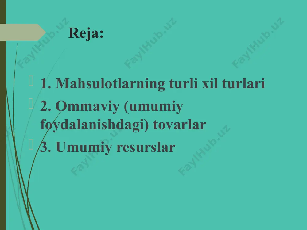 hu bilan birga bu baliqlar, iste’moldan mahrum qilinishi mumkin bo‘lgan mahsulot emas. sababi, okeanni cheksizlik xususiyatini inobatga olsak, baliq tutuvchilarni baliq tutishdan to‘xtatish o‘ta mushkul vazifadir ommaviy (umumiy foydalanishdagi) mahsulotlarning boshqa mahsulotlardan farqini yaxshiroq tushunish va ular tufayli jamiyatga kelib chiqishi mumkin bo‘lgan muammolarni ko‘rib chiqish uchun keling, bir misolni ko‘ramiz: mushakbozlik. bu mahsulot iste’moldan mahrum qilinish xususiyatiga ega emas, sababi mushakbozlik bo‘lgan holatda biror kishini uni tomosha qilishdan qaytarish mumkin emas. shuningdek, bu cheklanganlik xususiyatiga ham ega mahsulot emas, sababi biror kishini mushakbozlikdan zavq olishi boshqa bir kishini undan olishi mumkin bo‘lgan zavq darajasini kamaytirmaydi. mudofaa tizimi. mamlakatni xorijiy bosqinchilardan himoya qiluvchi mudofaa tizimi bunga klassik misol bo‘la oladi. butun mamlakat himoyalangandan keyin biror bir kishini bu mahsulotning (xizmatning) iste’molidan, ya’ni tinchlikdan bahra olishdan mahrum qilib bo‘lmaydi. undan tashqari biror kishi mudofaa tizimidan foydalanayotganda, u boshqa bir kishini bu mahsulotdan (xizmatdan) foydalanishiga to‘sqinlik qila olmaydi. shunday qilib, mudofaa tizimi …