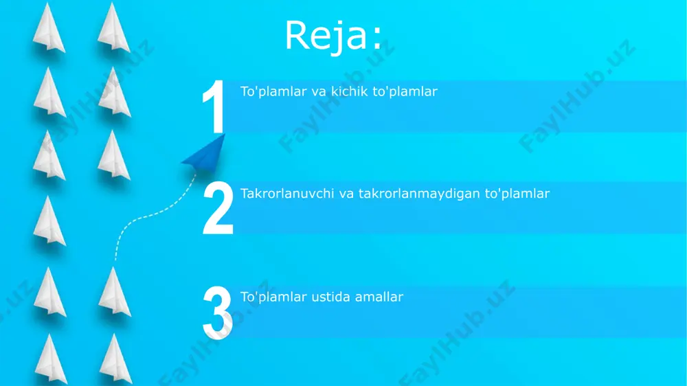 va fizika fanlaridan o'tganlar sonini aniqlash mumkin. bu 2 ta xususiyat bo'yicha to'plamlarni taqqoslashga imkon beradi. 3 ta to'plamni taqqoslash uchun 3 ta aylanadan foydalaniladigan venn diagrammasi, masalan, 75 nafar talaba, 30 nafar o'qituvchi va 20 nafar xodimning qanday munosabatda ekanligini ko'rsatadi, bu esa har bir to'plamning noyob va umumiy elementlarini aniqlash imkonini beradi. to'plamlar ustida amallar to'plamlar yig'indisi operatsiyasi ikki to'plamning birlashmasini hosil qiladi: masalan, a = {1, 2, 3} va b = {3, 4, 5} to'plamlari uchun a∪b = {1, 2, 3, 4, 5} bo'ladi, bu esa 5 ta elementdan iborat yangi to'plamni beradi. to'plamlar farqi operatsiyasi birinchi to'plamda mavjud, lekin ikkinchi to'plamda mavjud bo'lmagan elementlardan yangi to'plam hosil qiladi e'tiboringiz uchun rahmat @taqdimot_robot image5.jpg image6.jpg image7.jpg image8.jpg image9.jpg image1.jpeg image2.jpeg image3.jpeg image4.jpeg