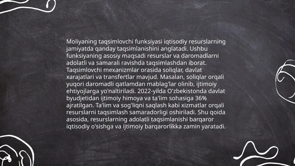 etning samarali boshqaruvi ijtimoiy dasturlarni qo‘llab-quvvatlash imkoniyatini beradi. ... t.me/slaydai_bot moliya va davlat siyosati sohasida o‘zbekiston iqtisodiy o‘sishini ta’minlash maqsadida turli islohotlar amalga oshirilmoqda. 2022 yilda o‘zbekistonning davlat byudjeti hajmi 200 trillion so‘mdan oshdi. davlat tashqi qarzi 2023 yil boshida 24 milliard aqsh dollarini tashkil etdi. moliya vazirligi ma’lumotlariga ko‘ra, inflatsiya darajasi 2023 yilda 9 foiz atrofida prognoz qilindi. 2023–2026 yillarda davlat investitsiyalari hajmi yiliga o‘rtacha 15% o‘sishi rejalashtirilgan. soliq siyosati doirasida yuridik shaxslar uchun foyda solig‘i stavkasi 2022 yilda 15% etib belgilangan. davlat strategiyasida ijtimoiy sohalarga, ayniqsa sog‘liqni saqlash va ta’limga ajratiladigan mablag‘larni oshirish maqsad qilingan. ... t.me/slaydai_bot moliyaning resurslarni taqsimlashdagi roli juda muhimdir. moliya tizimi orqali jamg‘armalar iqtisodiyotning turli sohalariga yo‘naltiriladi. yalpi ichki mahsulot (yim) o‘sishi bilan investitsiyalar o‘zaro bog‘liq bo‘lib, samarali moliyaviy rejalashtirish resurslardan maksimal foyda olish imkonini beradi. statistik ma'lumotlarga ko'ra, rivojlangan mamlakatlarda investitsiyalarning yillik o'sishi 3-5% ni tashkil etadi. o'zbekistonda esa oxirgi yillarda investitsiya hajmi …