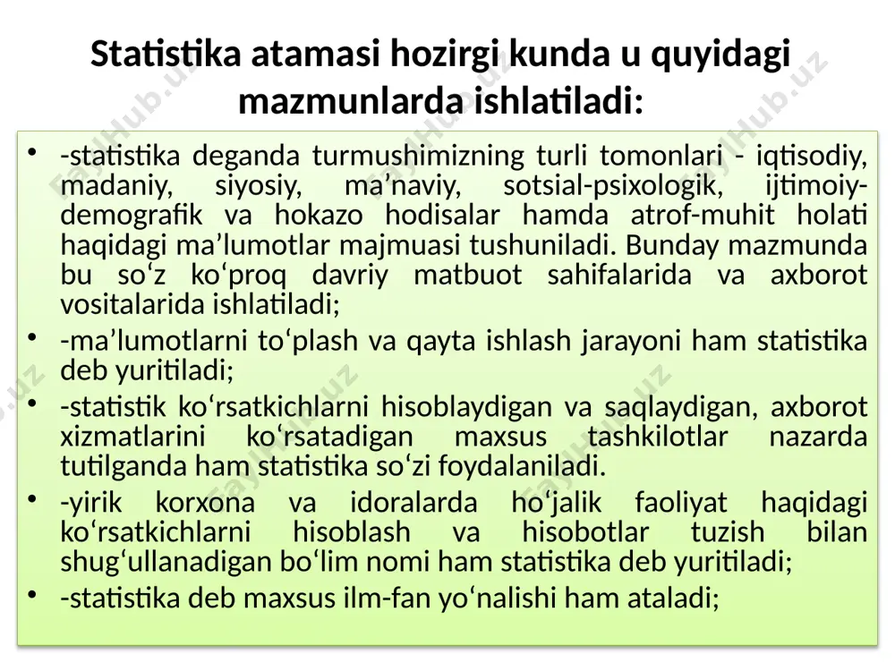 ko’rsatkichlar reja: 1. statistik ko’rsatkichlarnng mazmuni va axamiyat 2. statistik ko’rsatkichlarning turlari va tasnifi 3. bir o’lchamli, ikki o’lchamli va ko’p o’lchamli ma’lumotlar statistik ko‘rsatkichlarning mazmuni va ahamiyati ko‘rsatkich so‘zi quyidagi lug‘aviy ma’nolarga ega: 1) ko‘rsatish uchun xizmat qiluvchi yozuv, ishora; 2) biror narsaning rivoji, darajasi, ishning borishi, bajarilishi va shu kabilarni bildiruvchi belgi yoki narsa. statistik ko‘rsatkichlar deb ma’lum makon va zamon sharoitida ommaviy hodisa va jarayonlarning holatini, rivojlanishini, tuzilishini, o‘zaro bog‘lanishlarini ifodalovchi me’yorlar yuritiladi. statistik ko‘rsatkich o‘rganilayotgan birliklar (obyektlar) to‘plami yoki guruhining xossalarini umumlashtirib tavsiflaydi. statistik ko‘rsatkich qator muhim belgilar, tarkibiy unsurlarga ega statistik ko‘rsatkichlarning turlari va tasnifi statistik ko‘rsatkichlar tizimi deganda ommaviy jarayonlarni va ularning belgilarini o‘zaro bog‘lanishda aks ettiruvchi bir-biri bilan bog‘langan ko‘rsatkichlar majmuasi tushuniladi tub xarakteri, ichki hissiyoti, umuman hodisalarni bilishda tutgan o‘rni va roliga qarab statistik ko‘rsatkichlarni ikki katta turkumga ajratish mumkin birinchi turkum ommaviy hodisa va jarayonlarning mohiyati va beligilarini ta’riflovchi ko‘rsatkichlarni o‘z …