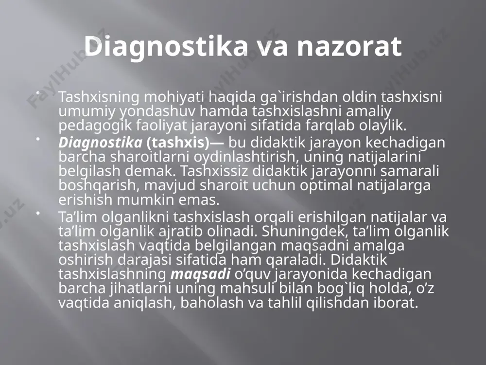 n aniqlash hisoblanadi. odatda, u o’quv yili boshida o’quvchilar tomonidan avvalgi o’quv yilida o’zlashtirilgan bilimlari darajasini aniqlash maqsadida o’tkaziladi. bu kabi tekshirish, shuningdek, o’quv yilining o’rtasida yangi bo’lim (kurs)ni o’rganishga kirishilganda ham o’tkazilishi mumkin va o’rinli bo’ladi. bilimlarni tekshirishning ikkinchi bo’g`ini har bir mavzuni o’zlashtirish jarayonidagi joriy tekshirishdir. joriy tekshirish ta’lim oluvchilar tomonidan o’quv dasturida belgilangan ayrim alohida elementlarni o’zlashtirish darajasini tashxislash imkonini beradi. mazkur tekshirishning asosiy vazifasi o’rgatishdir. bunday tekshirishning shakl va metodlari turlicha bo’lib, ular o’quv materiali mazmuni, murakkabligi, o’quvchilarning yoshi tayyorgarligi, ta’lim bosqichi va maqsadlari, muayyan pedagogik sharoitlarga bog`liq bo’ladi. tekshirishdan tashqari nazorat o’z ichiga baholashni (jarayon sifatida) va bahoni (natija sifatida) ham oladi. baholash deb bilim, ko’nikma va malakalarni o’quv dasturida ko’rsatilgan etalon (ko’rstakich, qolip, o’lchagich)lar bilan solishtirishni aytamiz. baho deb baholashning ball shaklida ko’rsatilgan son jihatdan o’lchamiga aytiladi. o’zlashtirish tabellari, sinf, guruh jurnallari, reyting daftarchalari va shu kabilarda baholar shartli belgilar, kod signallari, xotiralash belgilari …