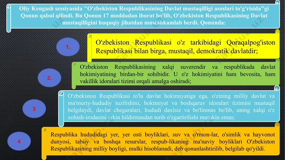 olarning yuksak siyosiy faolligi bilan o`tdi. buni referendumda aqsh, turkiya, malayziya va boshqa mamlakatlardan kelgan mustaqil kuzatuvchilar ham tasdiqladilar. o’zbekiston respublikasi oliy kengashining 1991-yil 18 noyabrdagi viii sessiyasida umumxalq referendumini o`tkazish qarori bilan birga «o’zbekiston respublikasi prezidenti saylovi to’g’risida»gi qonuni, shuningdek, «o’zbekiston respublikasi prezidenti saylovini tayinlash to’g’risida» qaror qabul qilindi va o’zbekiston respublikasi prezidenti saylovi 1991-yil 29-dekabr, yakshanba kuniga belgilandi. o’zbekiston xdp va o’zbekiston kasaba uyushmalari federasiyasi nomzodi i.a.karimov «erk» demokratik partiyasi vakili saloy madaminov (muhammad solih) nomzodi qoyildi. prezidentlik lavozimiga ikki nomzod ko’rsatildi 1991-yil 29-dekabrda bolib o`tgan saylovlar yakuniga kora 8 million 514 ming 136 ovoz yoki ovoz berishda qatnashganlarning 86 foizi islom karimov nomzodini, million 220 ming 474 saylovchi (12,3%) saloy madaminov nomzodini yoqlab ovoz berdi va saylov natijalariga ko’ra i.a.karimov 5 yil muddatga o’zbekiston respublikasi prezidenti etib saylandi. taraqqiyotning «o’zbek modeli» iqtisodiyotni mafkuradan to’la xoli qilish, iqtisodning siyosatdan ustunligi, o’ziga xos ichki qonunlarga muvofiq rivojlanishi. davlat - …