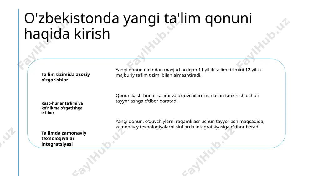 hi uchun ta’sir dars rejasi va o’qitish usullarida o’zgarishlar yangi qonun o’qituvchilarni, dars rejalarini va o’qitish usullarini yangi ta’lim standartlari va maqsadlari bilan mos keluvchi qilish talab qilishi mumkin. professional rivojlanish imkoniyatlari qonun tarbiyachilarga o’qitish ko’nikmalarini rivojlantirish va so’nggi ta’limot usullari bilan tanishish uchun o’quvchilarga ta’lim va resurslar olishlari imkoniyatlarini berishi mumkin. ish joyi yuklanishining va mas’uliyatlarning oshishi o’qituvchilar va tarbiyachilar yangi ta’lim initsiativasi va qonun talablari bo’yicha talab qilingan yangi dasturlarni amalga oshirishlari bilan ish joyi yuklanishining va mas’uliyatlarning oshishini his qilishlari mumkin. o’quvchilar-o’qituvchilar munosabatlariga ta’sir yangi qonun tarbiyachilar yangi kutubxonaviy va standartlarga mos kelish uchun o’qituvchilar munosabatlari dinamikasiga ta’sir qilishi mumkin, bu esa darslik dinamikasini va munosabatlarini ta’sir qilishi mumkin. yangi dasturlar talablari kritik fikr ko'nikmalarini integratsiyalashish yangi dastur barcha fanlarda kritik fikr ko'nikmalarini integratsiyalashni talab qiladi, talabalarni ma'lumotlarni tahlil va baholashga rag'batlantirishadi. dasturlar tebiiy ma'lumotlarga e'tibor berish yangi talablarda tebiiy ma'lumotlarga kuchli e'tibor qaratiladi, talabalar tajribalar, muloqot …