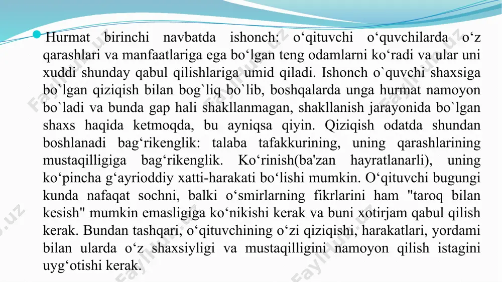 k jihatdan bu juda tushunarli: bolaning ongida biron bir noto‘g‘ri xatti-harakat jazosiz qoldirilmasligi kerak, shuning uchun oila va maktabning yomon o‘quv natijalari va noto‘g‘ri xatti-harakatlariga munosabati bir zumda, birinchi navbatda, jazo shaklida bo‘ladi. va buning ortida, ba'zan hatto kichik, lekin baribir bolaning yutuqlari va muvaffaqiyatlari e'tiborga olinmaydi: bu, deyishadi, bu sizning burchingiz, lekin qonunbuzarliklar butunlay boshqa masala. asta-sekin, bolaning ongida o‘rganishga bo‘lgan munosabatning barqaror stereotipi shakllanadi, unda quvonch, zavq, muhabbat uchun joy yo‘q. bolalarda maktab va o‘qituvchiga nisbatan tashvish va qo‘rquv hukmron tuyg‘u sifatida harakat qila boshlaydi. pedagogik odob-axloq qoidalariga ko‘ra, o‘qituvchining barcha xattiharakatlari asosida o‘quvchilarga ijobiy munosabat va his-tuyg‘ularga yo‘naltirilganlik tamoyili bo‘lishi kerak. e’tiboringiz uchun rahmat image2.png image3.png image4.jpeg image5.jpeg