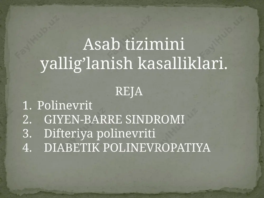 ptomlari polinevropatiya uchun nevrologik simptomlarning simmetrik tarzda namoyon bo‘lishi va oyoq-qo‘llarning distal qismidan boshlanishi xos. etiologiyasi qanday bo‘lishidan qat’i nazar, barcha polinevropatiyalar quyidagi simptomlar bilan boshlanadi. 1. sezgi buzilishlari. 2. harakat buzilishlari. 3. vegetativ-trofik buzilishlar sezgi buzilishlari. aksariyat polinevropatiyalar (ayniqsa, metabolik va toksik) sezgi buzilishlari bilan boshlanadi. dastlab paresteziyalar bilan namoyon bo‘la boshlaydi. paresteziya oyoq-qo‘llarning distalqismidan boshlanadi. qo‘l va oyoq panjalarida, barmoq uchlarida uvishish,chumoli yurgandek bo‘lish, achishish kabi yoqimsiz sezgilarpaydo bo‘ladi. paresteziyalar, ayniqsa, oyoq panjasida yaqqol ko‘rinadi,chunki aksariyat polinevropatiyalar ilk bor oyoqlardan boshlanadi.polinevropatiyalar uchun og‘riqlar xos emas. o‘tkir boshlangan polinevropatiyalarda, masalan, giyen-barre sindromida dastlabki kunlari og‘riqlar kuzatilishi mumkin. obyektiv tekshiruvlarda sezgi buzilishlari «paypoq va qo‘lqop» tipida paydo bo‘ladi. dastlab yuzaki sezgi buziladi va u simmetrik giperesteziya yoki gipesteziyalar bilan namoyon bo‘ladi. ba’zida avval giperesteziya paydo bo‘lib, so‘ngra gipesteziyaga o‘tadi. gohida esa bi- rato‘la gipesteziya rivojlanadi. gipesteziyalar simmetrik tarzda namoyon bo‘lsa-da, ular bir tomonda kuchliroq, ikkinchi tomonda sustroq ifodalangan bo‘lishi mumkin. …