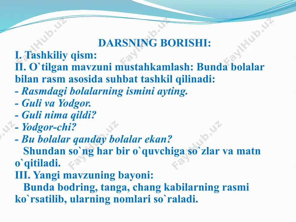 on, bodring. - barakalla, siz eng aqlli, eng ahil, bilimli bolalar ekansizlar. sirkdagi hayvonlar bilan bolalar xayrlashadilar. mavzu: savod o`rgatish davrida foydalaniladigan ko`rgazmalardan foydalanish. mavzu rejasi: 1. alifbe darslari uchun uchun ko`rgazmali vositalardan foydalanish yo`llari. 2. yozuv darslari uchun ko`rgazmali vositalardan foydalanish yo`llari. alifbe darslari uchun foydalaniladigan ko`rgazmalar: 1. kesma harflar. 2. bo`g`inlar jadvali. 3. predmetli rasmlar. 4. voqeaband rasmlar. 5. akt. 6. kichik qisqa metrajli videofilm va mulrifilmlar. yozuv darslari uchun foydalaniladigan ko`rgazmalar: 1. harflarning bosma va yozma shakllari. 2. harf elementlari tasvirlangan ko`rgazmalar. 3. predmetli rasmlar. 4. harflar, bo`g`inlar, so`zlar, gaplar yozilgan ko`rgazmalar. 5. akt. e’tiboringiz uchun rahmat!!! /docprops/thumbnail.jpeg