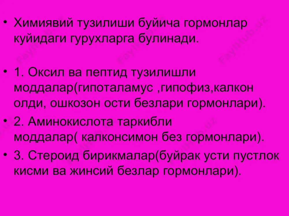 инг ошиши тромбоэмболия -кусиш,ич кетиш -эркакларда феминизация антиэстероген препаратлар -кломифенцитрат -тамоксифен -торимефен кулланилиши -бепуштликда аелларда -сут бези ракида гестоген ва антигестоген препаратлар -прогестерон -прегнин контрацептив препаратлар улар факатгина хомиладорликнинг олдини олиш учунгина эмас балки хомиладор булиш учун хам ишлатилади. контрацептив моддалар иккига булинади: -комбинирланган эстроген-гестроген препаратлар. -микродоза сакловчи гестоген препаратлар. комбинирланган контрацептив препаратлар: -микрогенон -ригевидин нохуш таьсирлари -кон ивишининг ошиши -жигар фукц.бузилиши -глюкоза микдорининг камаииши -бош огриши,кусиш -тана массасининг ошиши куллаб булмайдиган холатлар: -тромбоэмболияларда -усма касаллигида -кандли диабетда -психозларда кулланилиши -менст.цикл бузилганда -эндометриозда нохуш таьсирлари: -бош оғриши -депрессия эркаклар жинсий гормонлари -тестостерон(лейдиг хужайраларида) функцияси: -жинсий органлар етилиши -иккиламчи белгиларнинг паидо булиши -реарбсорбцияни буиракларда кучаитиради -оксил синтези препаратлари: -тэстэнант -метилтестостерон кулланиши -эркаклар жинсии безлари фукц.бузилганда -аёллар сут бези ва тухумдон ракларида нохуш таьсирлари: -аёлларда эркакларга хос белгиларнинг пайдо булиши, -сариклик чакириши антогонистлари -гонадорелин -кетоканалозол -финастерид финастерид: -простата бези хужайраларидаги дигидро тестостеронни камайтиради -плазмадаги концентрацияни хам камаитиради кулланилиши: -простата бези гиперплазиясида