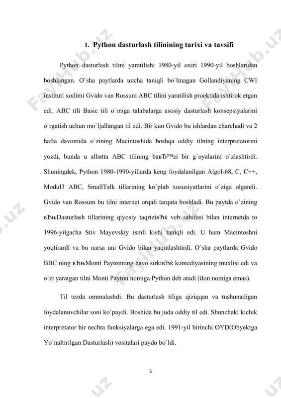 van rossum bu tilni internet orqali tarqata boshladi. bu paytda o`zining вђњdasturlash tillarining qiyosiy taqriziвђќ veb sahifasi bilan internetda to 1996-yilgacha stiv mayevskiy ismli kishi taniqli edi. u ham macintoshni yoqtirardi va bu narsa uni gvido bilan yaqinlashtirdi. o`sha paytlarda gvido bbc ning вђњmonti paytonning havo sirkiвђќ komediyasining muxlisi edi va o`zi yaratgan tilni monti payton nomiga python deb atadi (ilon nomiga emas). til tezda ommalashdi. bu dasturlash tiliga qiziqqan va tushunadigan foydalanuvchilar soni ko`paydi. boshida bu juda oddiy til edi. shunchaki kichik interpretator bir nechta funksiyalarga ega edi. 1991-yil birinchi oyd(obyektga yo`naltirilgan dasturlash) vositalari paydo bo`ldi. bir qancha vaqt o`tib gvido gollandiyadan amerikaga ko`chib o`tdi. uni cnri korparatsiyasiga ishlashga taklif etishdi. u o`sha yerda ishladi va korparatsiya shug`ullanayotgan proektlarni python tilida yozdi va bo`sh ish vaqtlarida tilni interpretatorini rivojlantirib bordi. bu 1990-yil python 1.5.2 versiyasi paydo bo`lguncha davom etdi. gvidoning asosiy vaqti korparatsiyani proektlarini yaratishga ketardi bu esa unga …