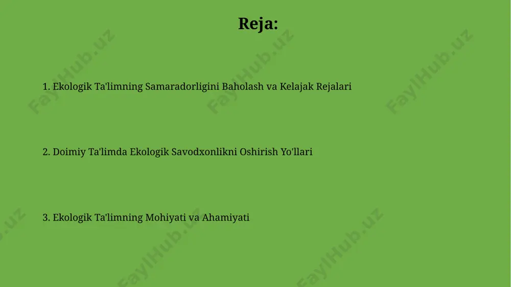 rivojlantirish mumkin. ekologik ta'lim tushunchasi davomli ekologik ta'lim, atrof-muhit muammolarini hal qilishga yordam beradigan 10 dan ortiq amaliy ko'nikmalarni o'zlashtirish orqali, atrof-muhitga mas'uliyatli munosabatni rivojlantirishga qaratilgan. ekologik ta'lim, 3-18 yoshgacha bo'lgan bolalar uchun tabiatni muhofaza qilishga oid 5 ta asosiy prinsipni o'z ichiga olgan holda, atrof-muhitga hurmatni shakllantirishga qaratilgan uzluksiz ta'lim jarayonining muhim qismidir. kelajak uchun ekologik ta'lim “kelajak uchun ekologik ta’lim” dasturi 5 yoshdan 18 yoshgacha bo‘lgan yoshlarni o‘z ichiga olib, 12 ta ekologik ta’lim modulini o‘z ichiga oladi, bu modullar bioxaritalash va atrof-muhit monitoringi kabi amaliy ko‘nikmalarni o‘rgatadi. ushbu dasturda 30 dan ortiq ekologik mutaxassis ishtirok etib, 2000 dan ziyod o‘quvchi uchun atrof-muhitni muhofaza qilish bo‘yicha intensiv o‘quv kurslarini tashkil qiladi va ularga sertifikat beradi. davomiy ta'limda ekologik madaniyat ekologik bilim va ko'nikmalarni rivojlantirishga qaratilgan davomiy ta'lim kurslarining ishtirokchilari soni 2022 yilda 15% ga oshgan va bu atrof-muhitni muhofaza qilishga bo'lgan munosabatni yaxshilashga yordam beradi. davomiy ta'lim doirasida …