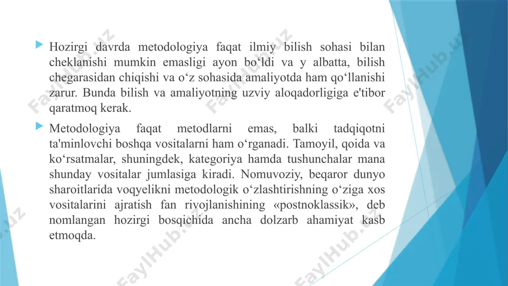 foydalanadi. masalan, ijtimoiy jarayonlarni o‘rganish metodi olamning ijtimoiy shakli, uning qonuniyatlari, mohiyatining xususiyatlari bilan belgilanadi. birinchidan, bir qancha xususiy fanlar hamda falsafiy kategoriyalarning alohida xossa, belgi va tushunchalari umumilmiy tushunchalarning mazmuniga «singdirib» yuborilganligi, ikkinchidan, (falsafiy kategoriyalardan farqli o‘laroq) matematik nazariya va simvolik mantiq vositalari bilan ularni formallashtirish, ularga aniqlik kiritish mumkinligi umumilmiy tushunchalarning o‘ziga xos jihatlaridir. foydalanilgan adabiyot karimov i.a. asarlar to‘plami. 1-18 jildlar. t. o‘zbekiston. 1996-2011 karimov i.a. yuksak ma’naviyat – yengilmas kuch. –t.: ma’naviyat, 2008. -176. karimov i.a. jahon moliyaviy-iqtisodiy inqirozi, o‘zbekiston sharoitida uni bartaraf etishning yo‘llari va choralari. – toshkent: o‘zbekiston, 2009. karimov i.a. vatanimizning bosqichma-bosqich va barqaror rivojlanishini ta’minlash - bizning oliy maqsadimiz. t.17. –toshkent: o‘zbekiston, 2009. karimov i.a. hamkorlik, taraqqiyot va xavfsizlikni ta’minlash yo‘lidan /docprops/thumbnail.jpeg