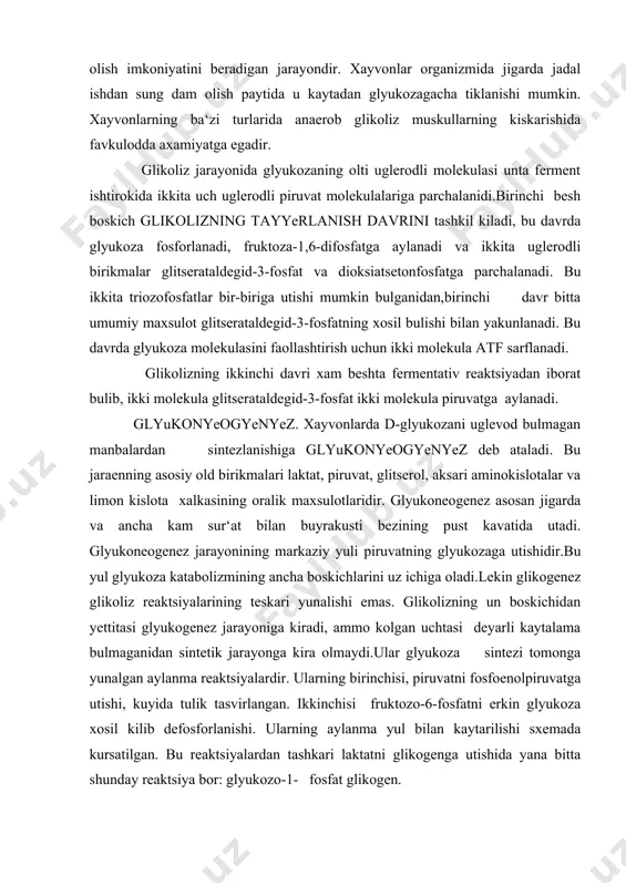 karab kuyida keltirilgan uch yuldan biri orkali bajarilishi mumkin. ba‘zi bakteriyalarda birdan bir atf ga boglik fosfoenolpiruvat sintetaza fermenti bu reaktsiyani bevosita katalizlaydi. oliy usimlik va xayvon xujayralarida piruvatni fosfoenolpiruvatga utishi murakkab yul bilan, oksaloatsetat ishtirokida bajariladi. bu jarayonda ikkita ferment piruvat karboksilaza va fosfoenolpi- ruvatkarboksikinaza katnashadi. achish, glikoliz va glikonyeogyenyez. achishni va glikolizni urganish. achish xodisasi kadimdan malum bulsa xam uning xakikiy tabiati va umumiy mexanizmi mashxur frantsuz olimi lui paster tadkikotlari asosida aniklandi. 1861 yili paster glyukozadan etil spirt va uglerod (iy)-oksidning xosil bulishi atmosfera kislorodi ishtirokisiz utishini tasdikladi. fermentatsiya deb ataladigan bu jaraen organizmlarning kislorod yuk sharoitda glyukozadan ovkat va energiya olish kobiliyatining ifodasi degan ta‘rifi fan tarixida buyuk axamiyatga ega buldi. ammo bu jarayonni u fakat tirik organizmlar (achitkilar va boshka mikroorganizmlar) xayot faoli yatigagina boglab, ularsiz achish yuz bermasligini ta‘kidlagan edi. achish jarayonini kataliz kiladigan fermentlarni sistematik urganish 1897 yil byunxer xujayrasiz achitki shirasini (zimazani) …